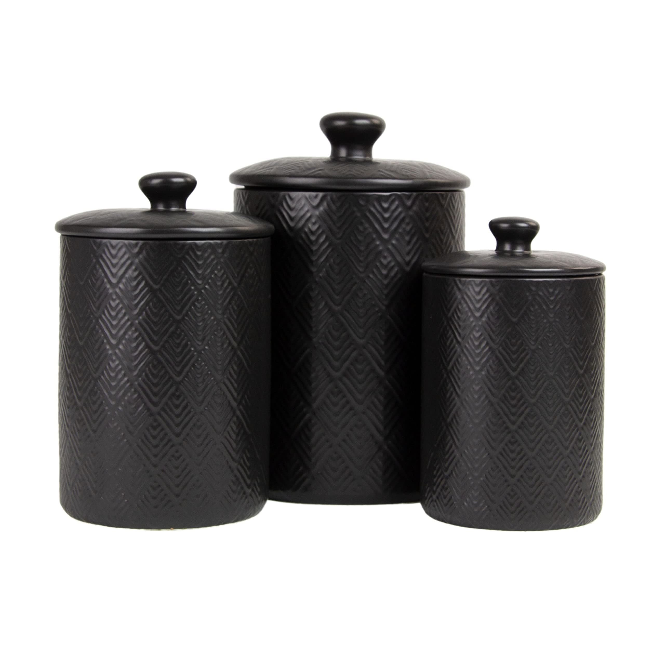 10 Strawberry Street Embossed Marquis Ceramic Kitchen Canister Set, Set of 3, Matte Black