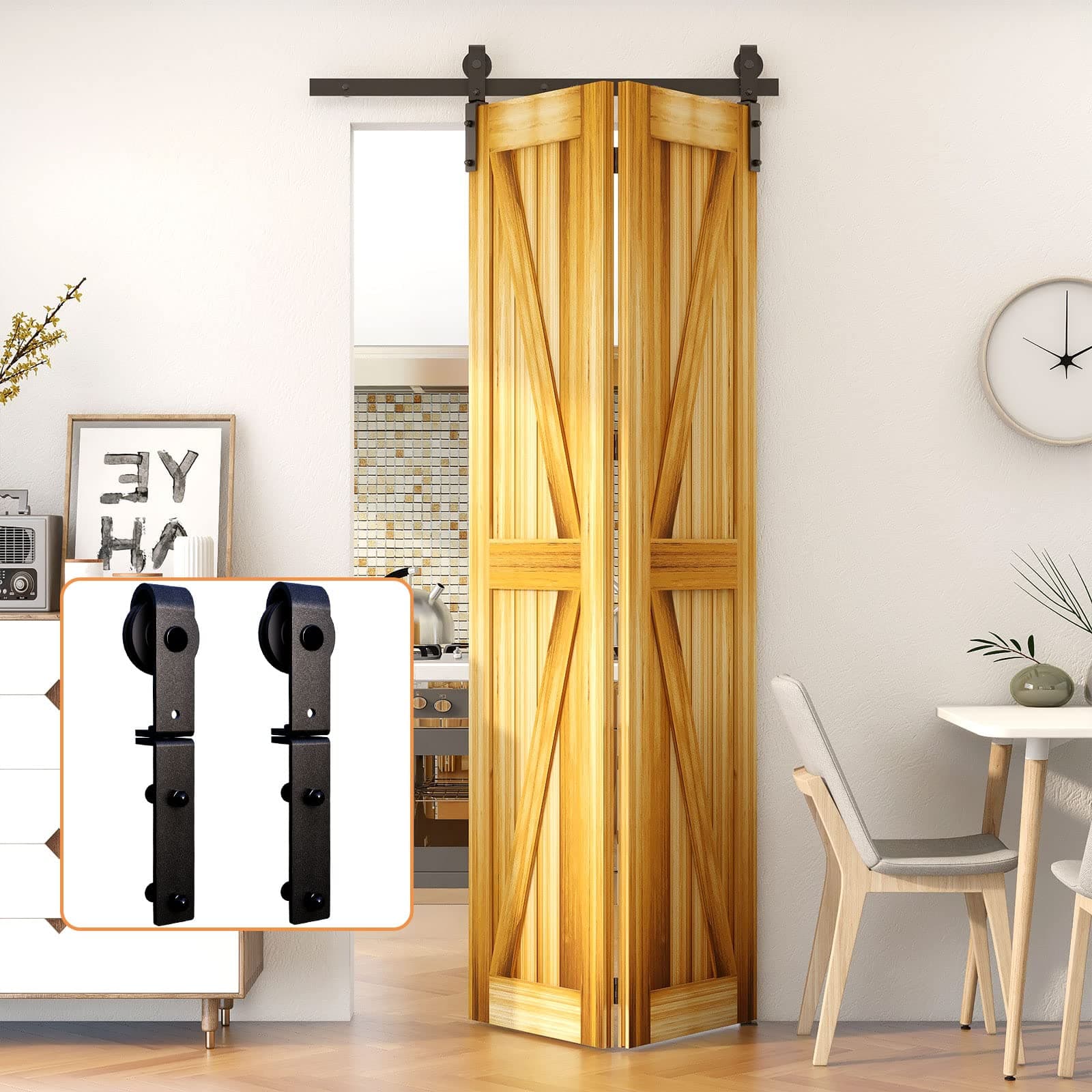 100CM/3.3FT Bi-Folding Sliding Barn Door Hardware,Heavy Duty Roller Track Kit,Silent and Easy to Install for 2 Doors Hardware Kit,No Door Panel,Applicable to Door Openings 70-80CM Black