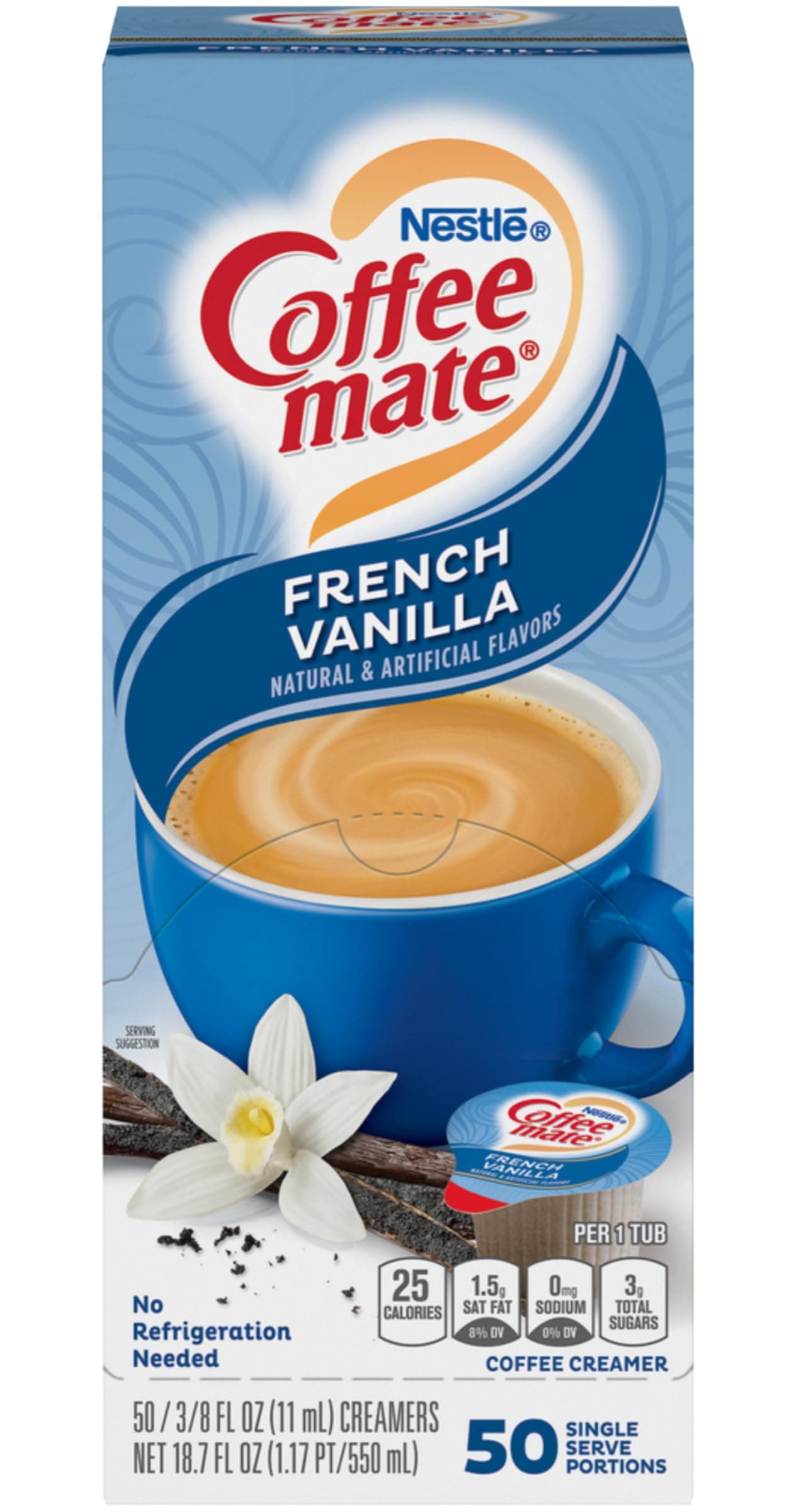 By The Cup Nestle Coffee mate Liquid Coffee Creamer Singles, French Vanilla, 50 Ct Box with Coffee Scoop