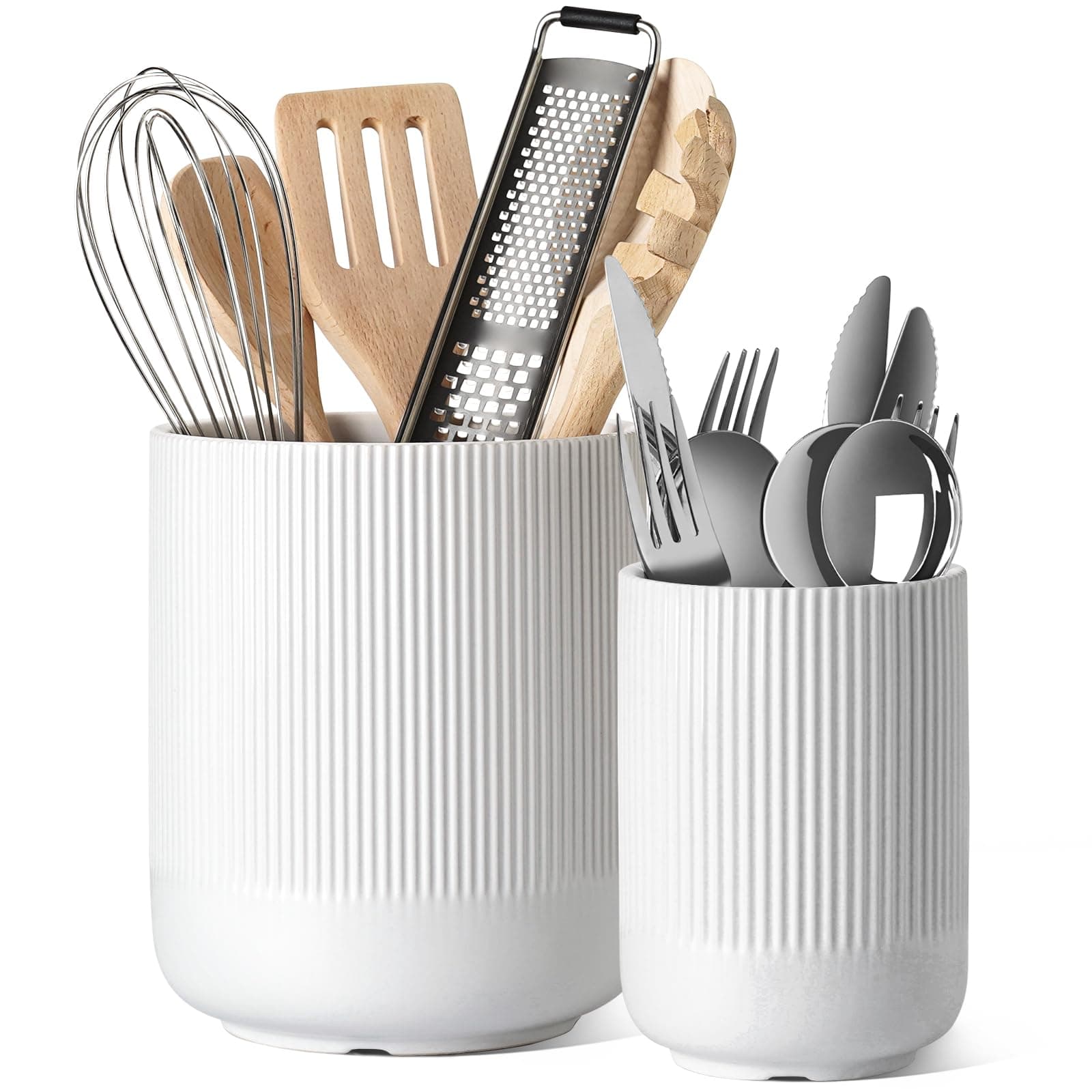 LE TAUCI Utensil Holder, 18.5+14cm Ceramic Kitchen Utensils Holder, Large Cooking Utensil Pots for Kitchen Counter, Morden Utensil Organizer for Spatula, Set of 2, White