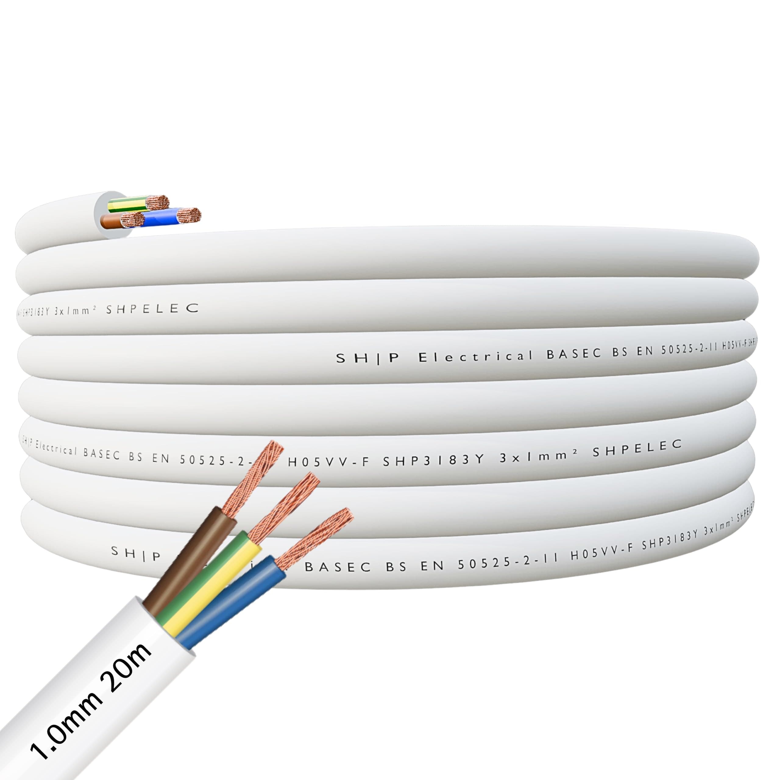 SHPELEC SHP Electrical® FLEXIBLE White Cable 3183Y 0.75mm, 1.0mm, 1.5mm, 2.5mm BASEC Approved White PVC LED Lighting 5m 10m 15m 20m 50m (1.0mm 3 Core - 20metres)