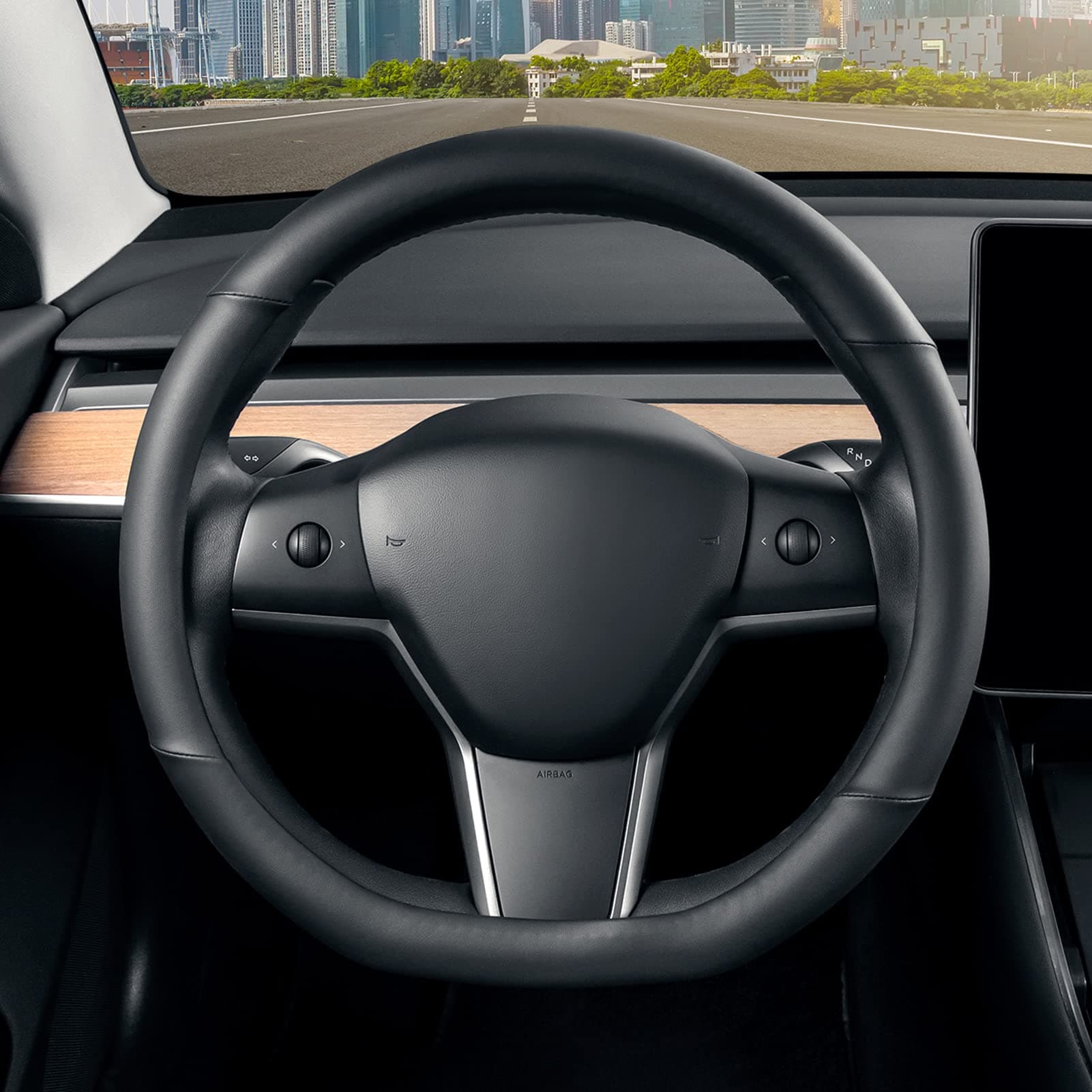 SEG Direct Flat Bottom Steering Wheel Cover, D Shaped Car Wheel Cover 35.5-36cm, Black Microfiber Leather