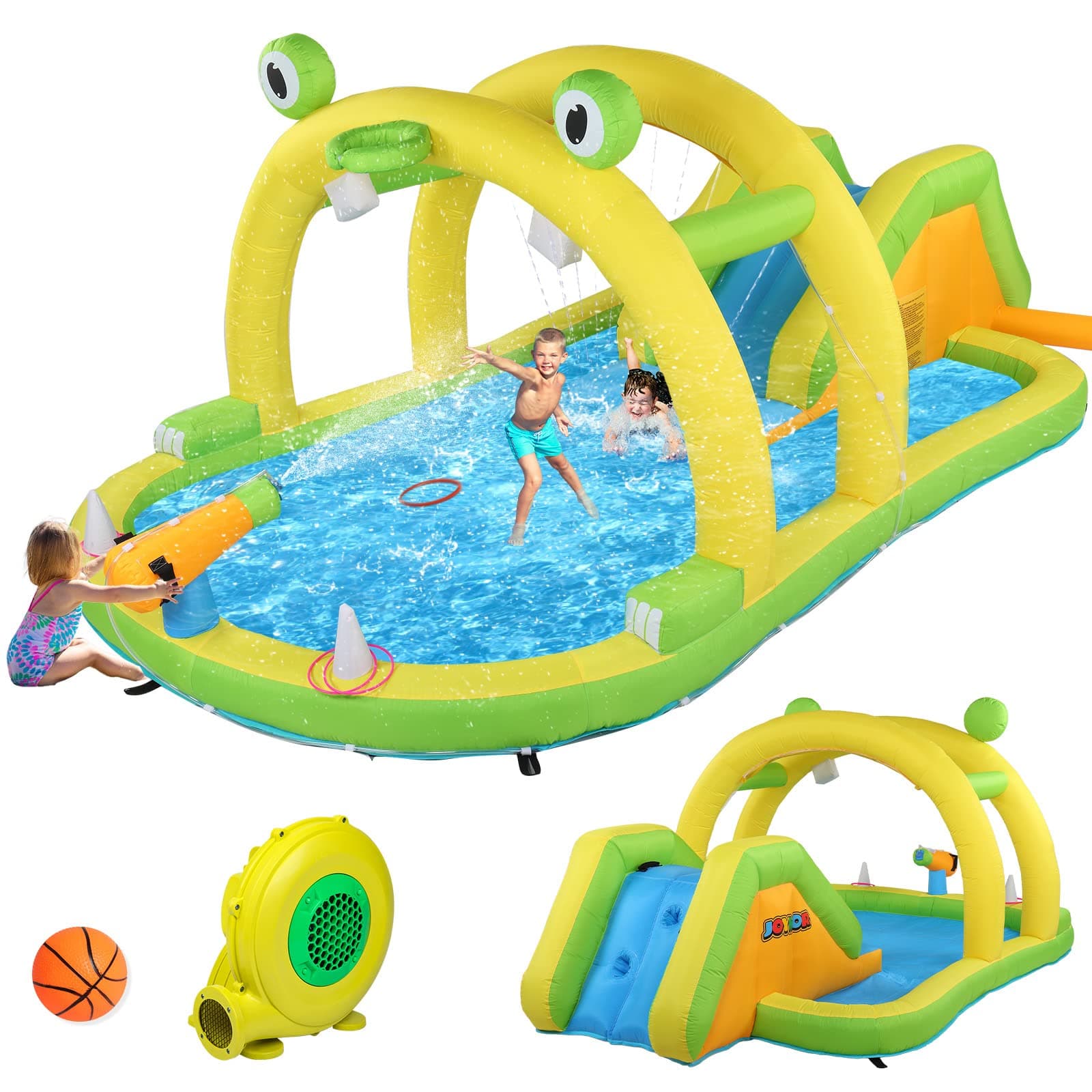 JOYMOR Inflatable Water Park with Blower - Hippo Sprinkler - Climbing Wall - Water Gun & Splash Pool, Kids Backyard Water Slide for Summer Fun