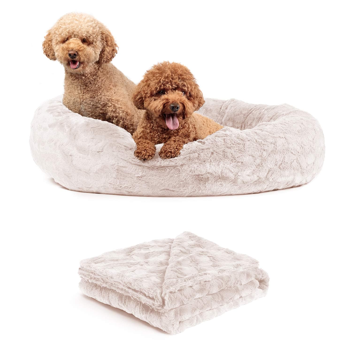 Best Friends by Sheri Bundle Set The Original Calming Lux Donut Cuddler Cat and Dog Bed + Pet Throw Blanket, Oyster, Large, 36x36