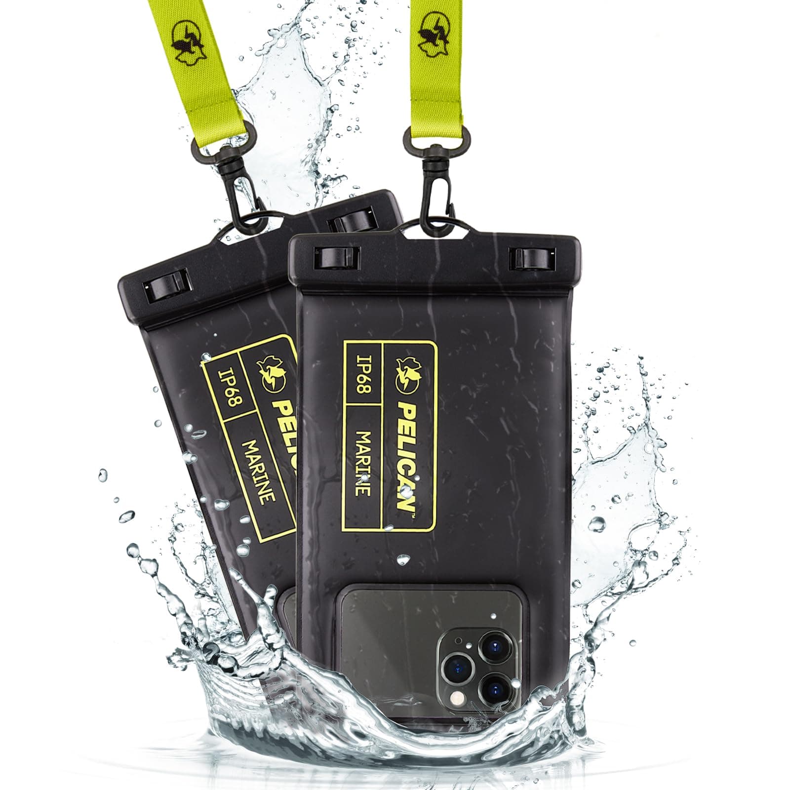 Pelican 2 Pack Marine - IP68 Waterproof Phone Pouch (Regular Size)-Floating Waterproof Phone Case for iPhone 16 Pro Max/ 15 Pro Max/ 14 Pro Max/ 13 - Detachable Lanyard - Black/Hi-Vis Yellow