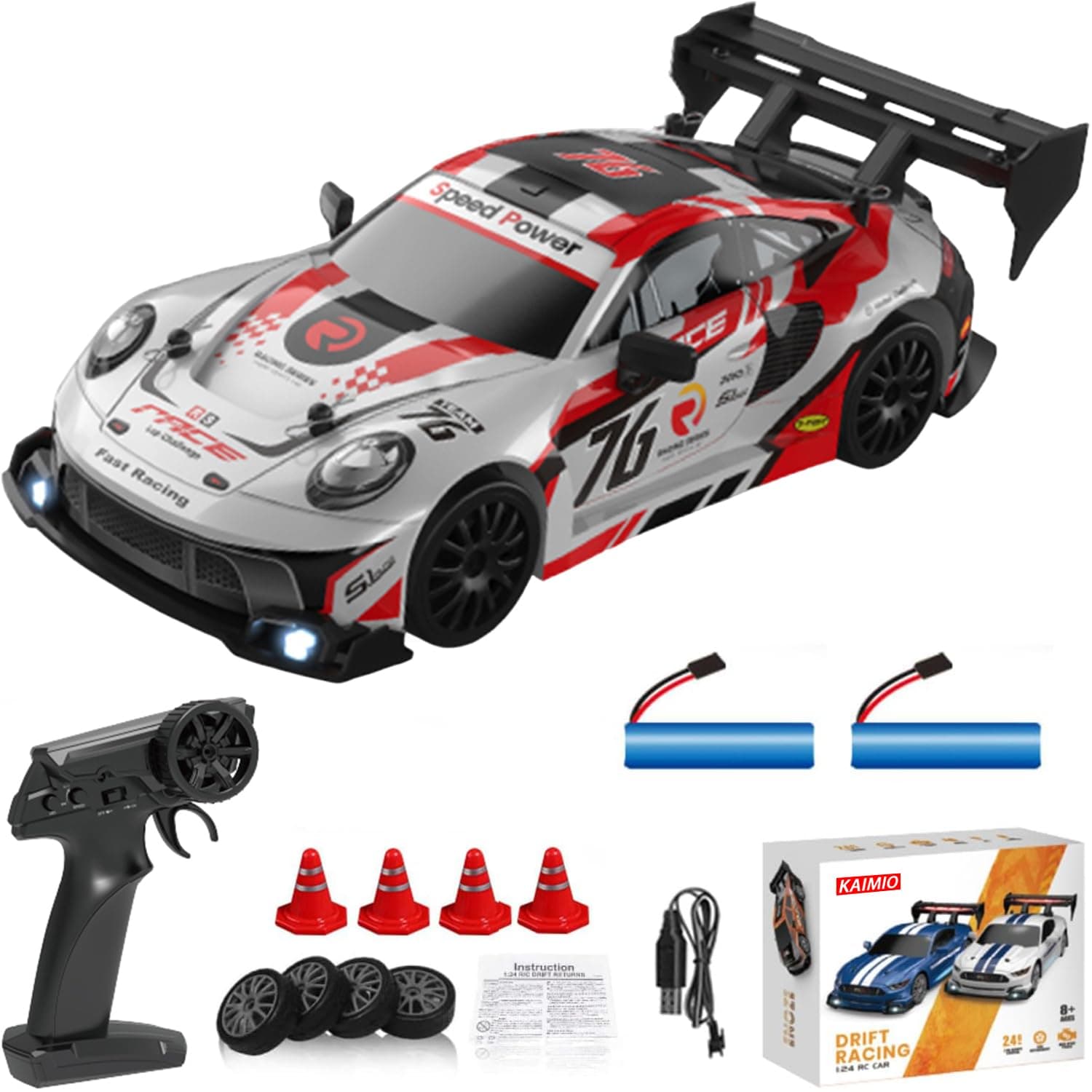 KAIMIO 1:24 Scale RC Drift Car 4WD 2.4GHz 30KM/H High Speed Racing Sport Toy Car with LED Lights, Racing and Drift Wheels (8606-White)