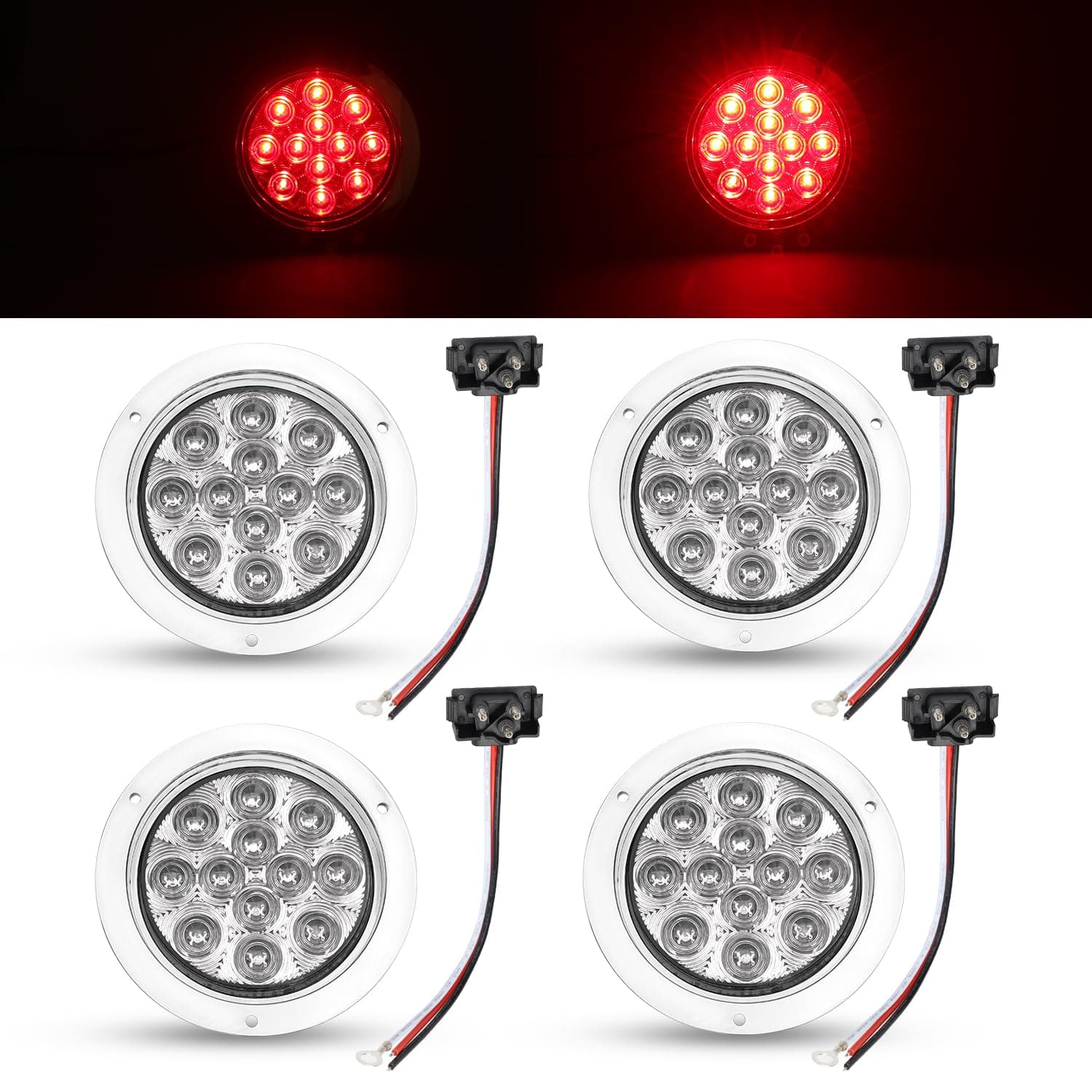 TMH 4 Pcs 4 Inch Clear Lens Red LED Round Trailer Tail Lights with Chrome Bezel F3 Piranha 12 Diodes Sealed Clearance Lamp for ATV Lorry Cabin Bus RV Tow Dump Heavy Duty Truck 12V DC Shockproof GAC12