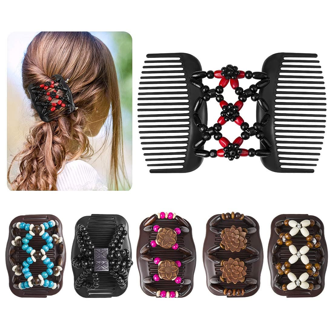6 Pieces Beads Hair Combs Magic Elastic Hair Double Clips for Women Girls Hair Accessory DIY Hair Styling Tool