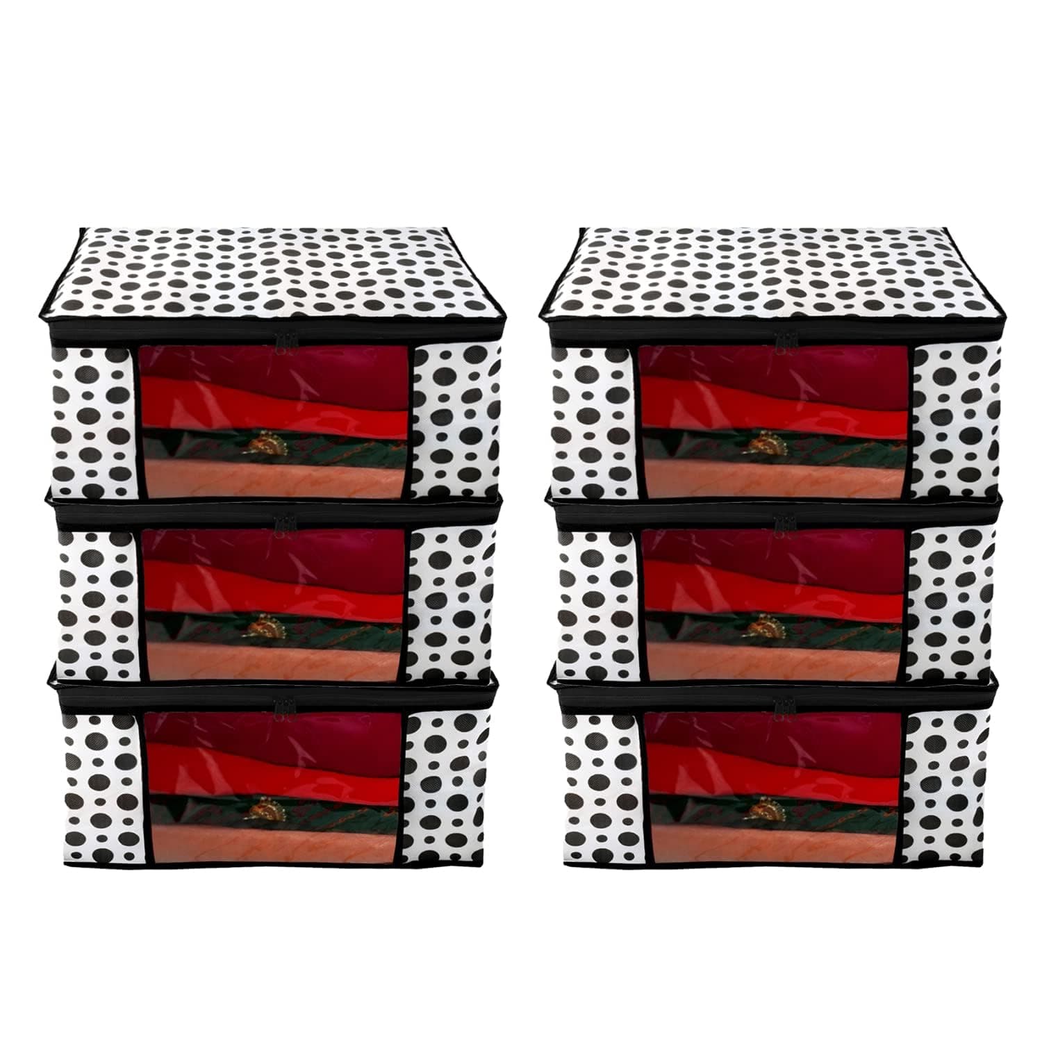 Perpetual Saree Organizer For Wardrobe - Foldable Saree Covers With Zip, Multipurpose Storage Bag For Suit, Lehanga, Dress Packing With Transparent Window Pack of 6 Pcs. (Polkadot)