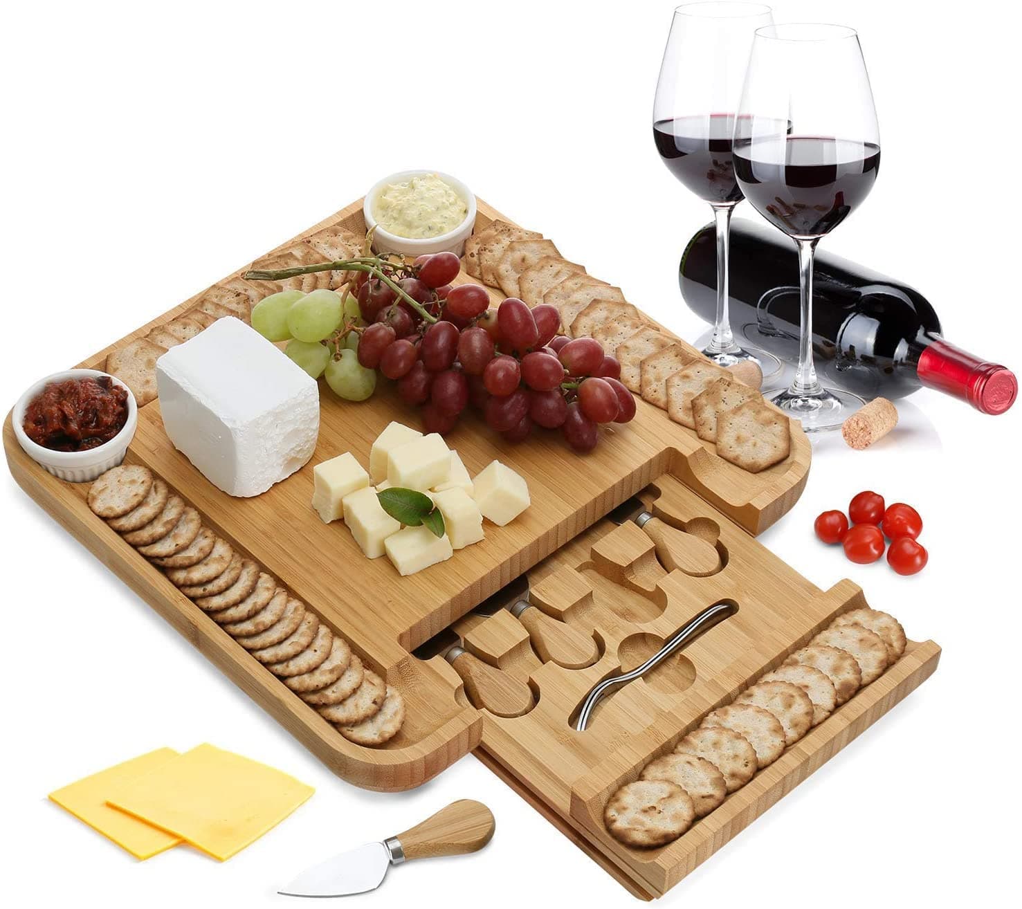 Bamboo Charcuterie Boards Cheese Board Set Premium Large Cheese Platter & Serving Tray 4 Stainless Steel Knife House Warming Gifts New Home Housewarming Gift for Her Mom Wife Women Wedding Anniversary