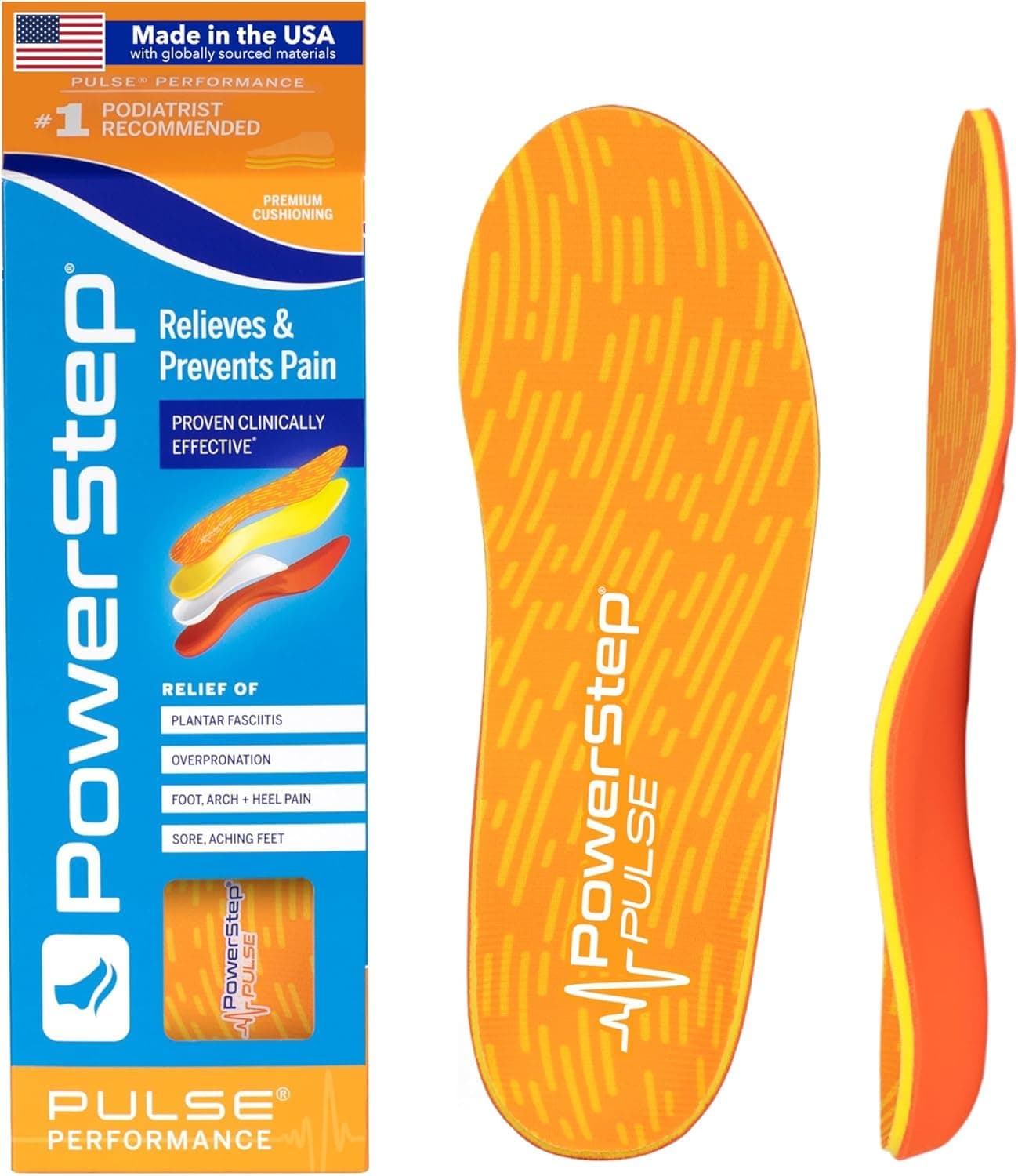 PowerStep Pulse Performance Running Insoles, Orange, Men's 9-9.5 / Women 11-11.5