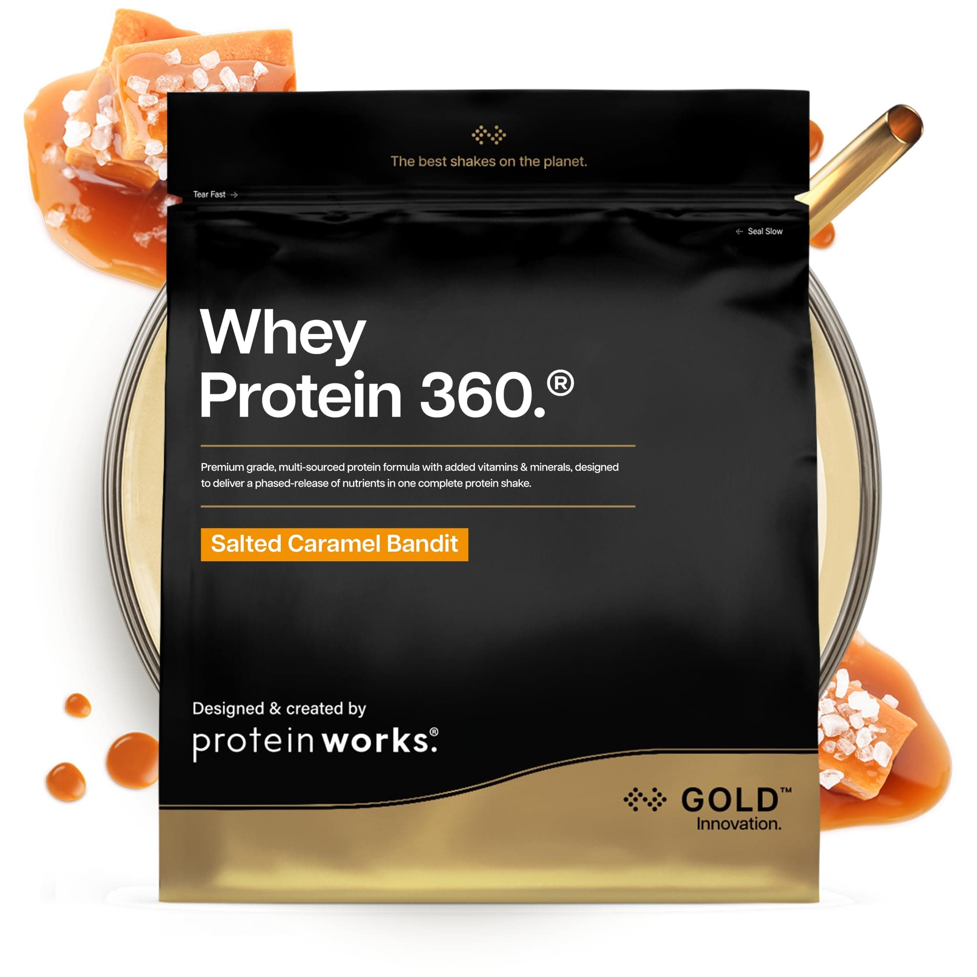 Protein Works | Whey Protein 360 - GOLD Innovation, Whey Protein Powder, Premium Tri-Protein Blend, Digestive Enzymes, 12 Vitamins & Minerals, Salted Caramel Bandit, 20 Servings, 600g