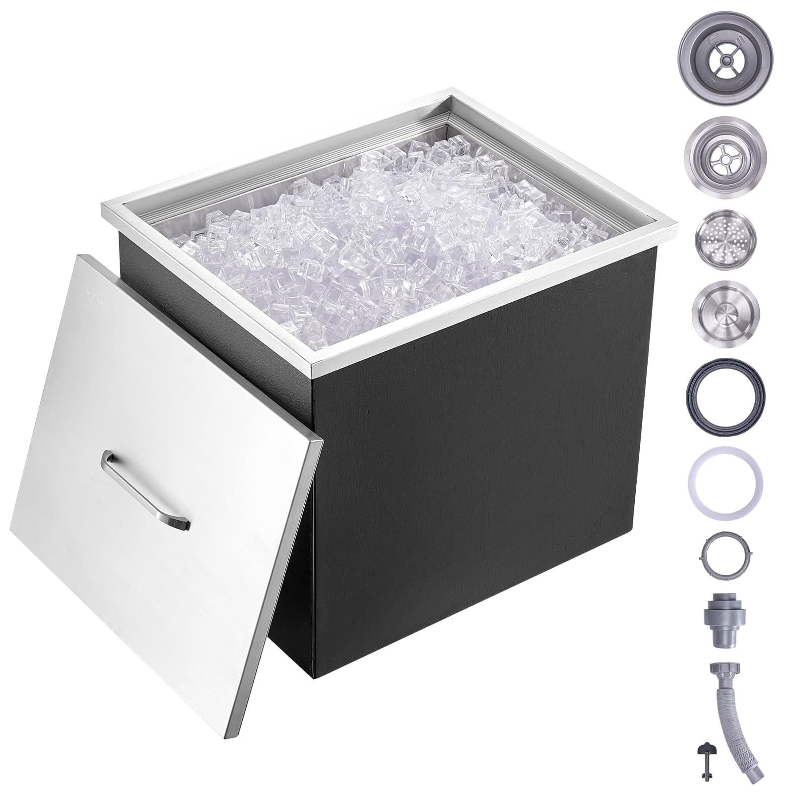 VEVOR Drop in Ice Chest, 21" L x 17" W x 18" H Stainless Steel Ice Cooler, Commercial Ice Bin with Cover, 40 qt Outdoor Kitchen Ice Bar, Drain-Pipe and Drain Plug Included, for Cold Wine Beer