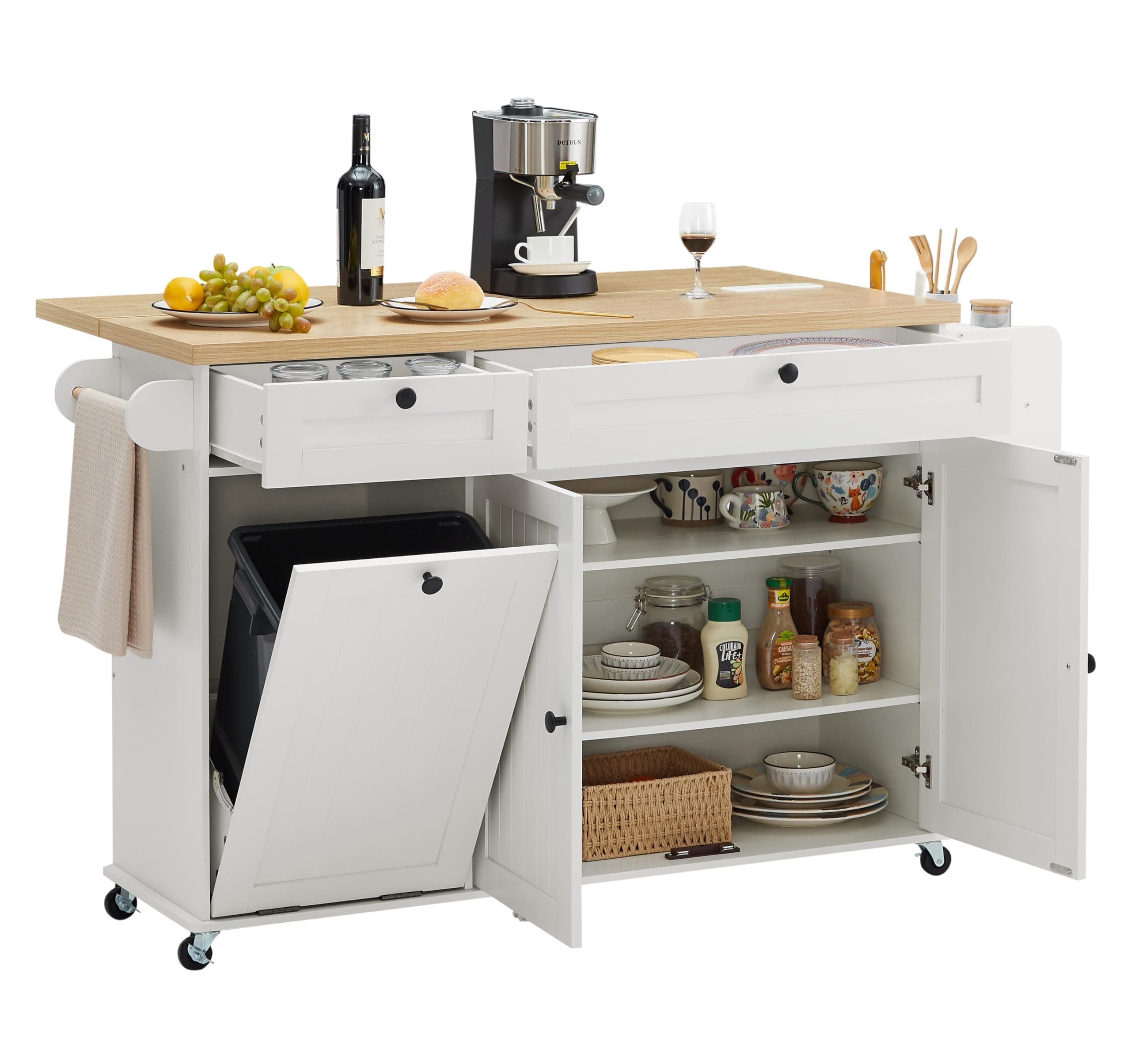 60" Kitchen Island with Power Outlet & Drop Leaf, Kitchen Rolling Island with Spice Rack & Towel Rack, Knife Holder, Kitchen Island Cart with Trash Storage Cabinet, Mobile Island Table for Kitchen