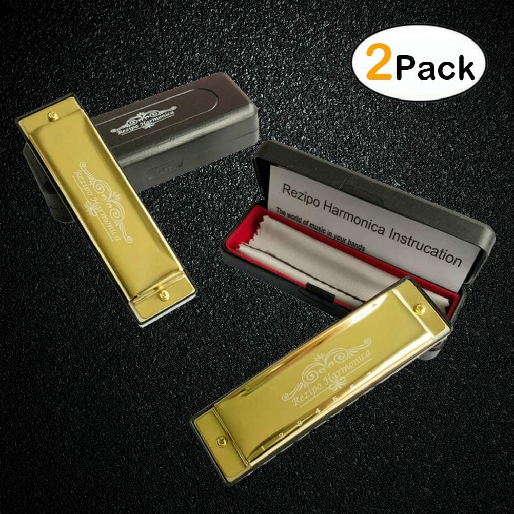 2 PCS Diatonic Harmonica Standard 10 Hole 20 Tones Harmonica Key of C Blues Harp with Case for Beginner Kids Adult, 2 Pack Set, Double Gold By REZIPO