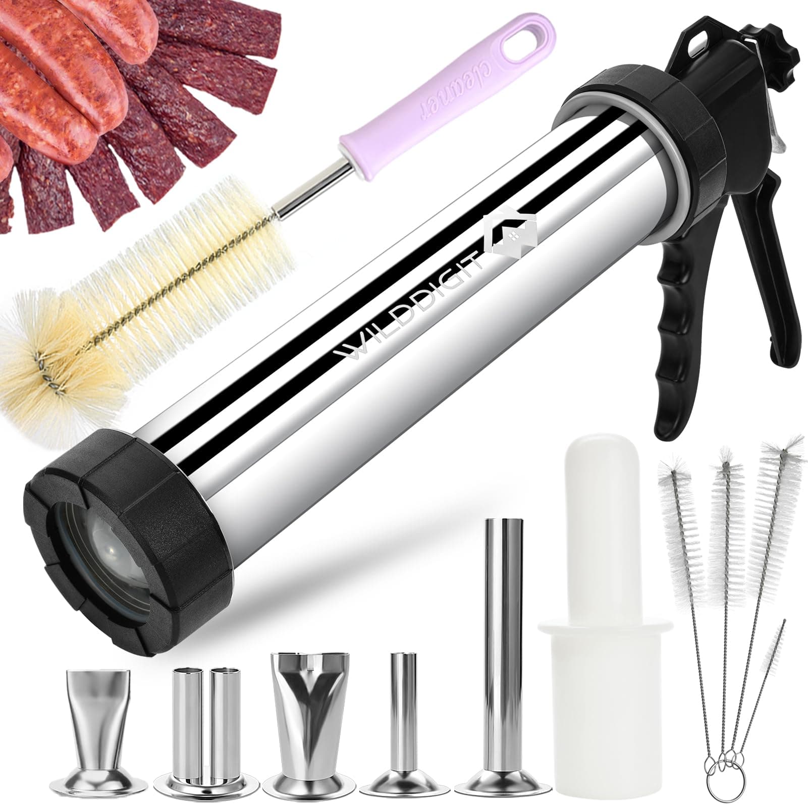 3rd Gen 2.1 LB Professional Jerky Gun Kits, Sausage Stuffer, Stainless Steel Jerky Maker, Jerky Shooter, Beef Jerky Making Gun with 5 Nozzles, 1 meat pusher and 5 Cleaning Brushes