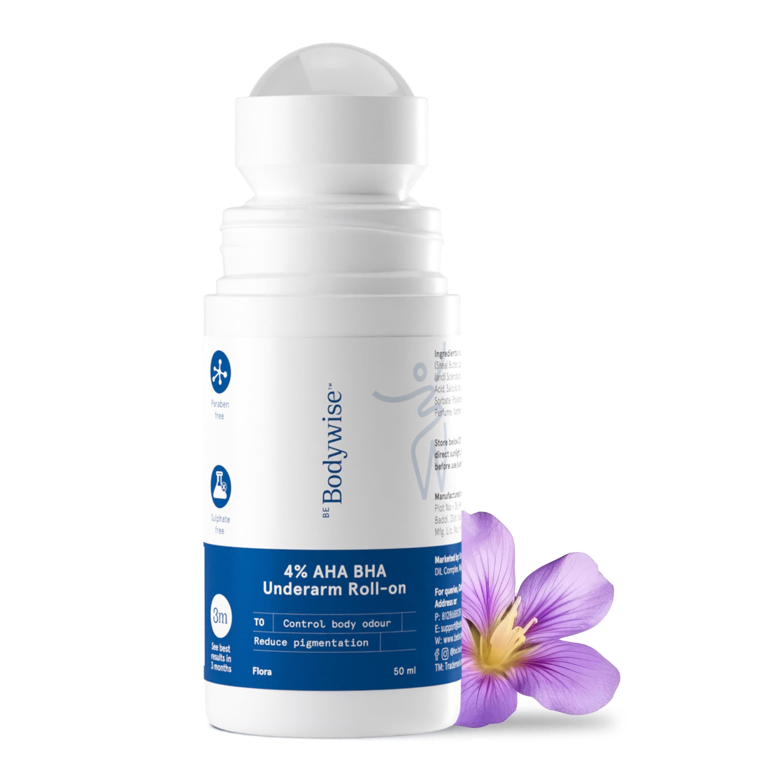 Be Bodywise 4% AHA BHA Underarm Roll-On for Even Tone Skin, 2% Lactic, 1% Mandelic and 1% Salicylic Acid, Controls Odour & Reduces Pigmentation, 0% Alcohol & 0% Aluminium, Flora Fragrance, 50ml