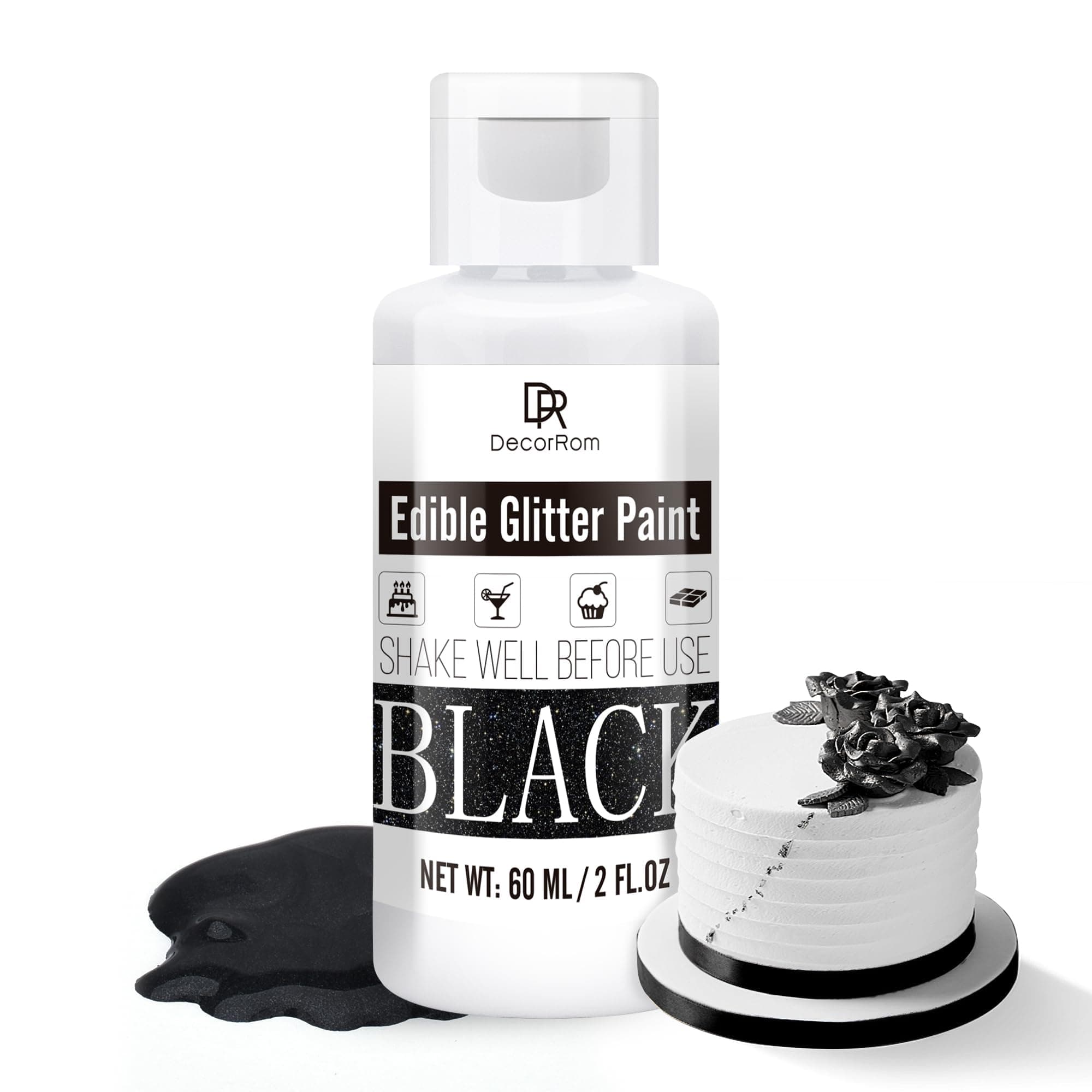 Edible Glitter Paint - 2 fl.oz Metallic Cake Decorating for Baking, Cupcakes, Candy - Food Grade Shimmer Art Liquid Luster Dust for DIY Cookie, Fondant (Black)