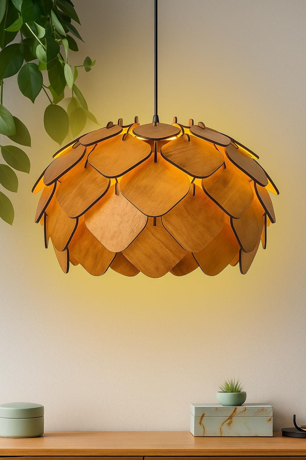 Homesake ® Modern Wooden Pinecone Pendant Ceiling Light | Handcrafted Decorative Black Metal Canopy Hanging Lamp for Living Room, Dining Room, Bedroom & Café | E27 Bulb Included | Home Décor