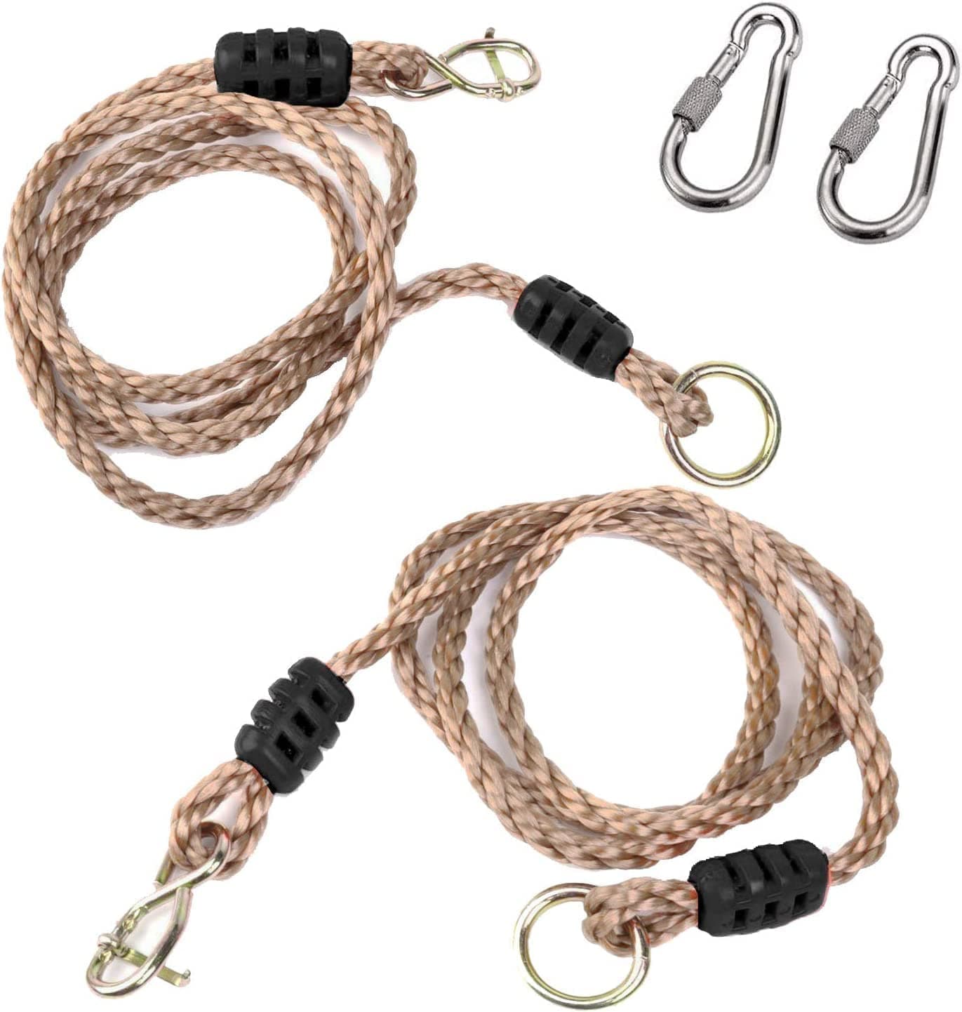 Jaffiust 2PC Tree Swing, Adjustable Hammock Suspension Safety Nylon Rope, Tree Swing Strap Kit, Max Load 600lbs, 1.5m (Brown Buckle Snap Hook)
