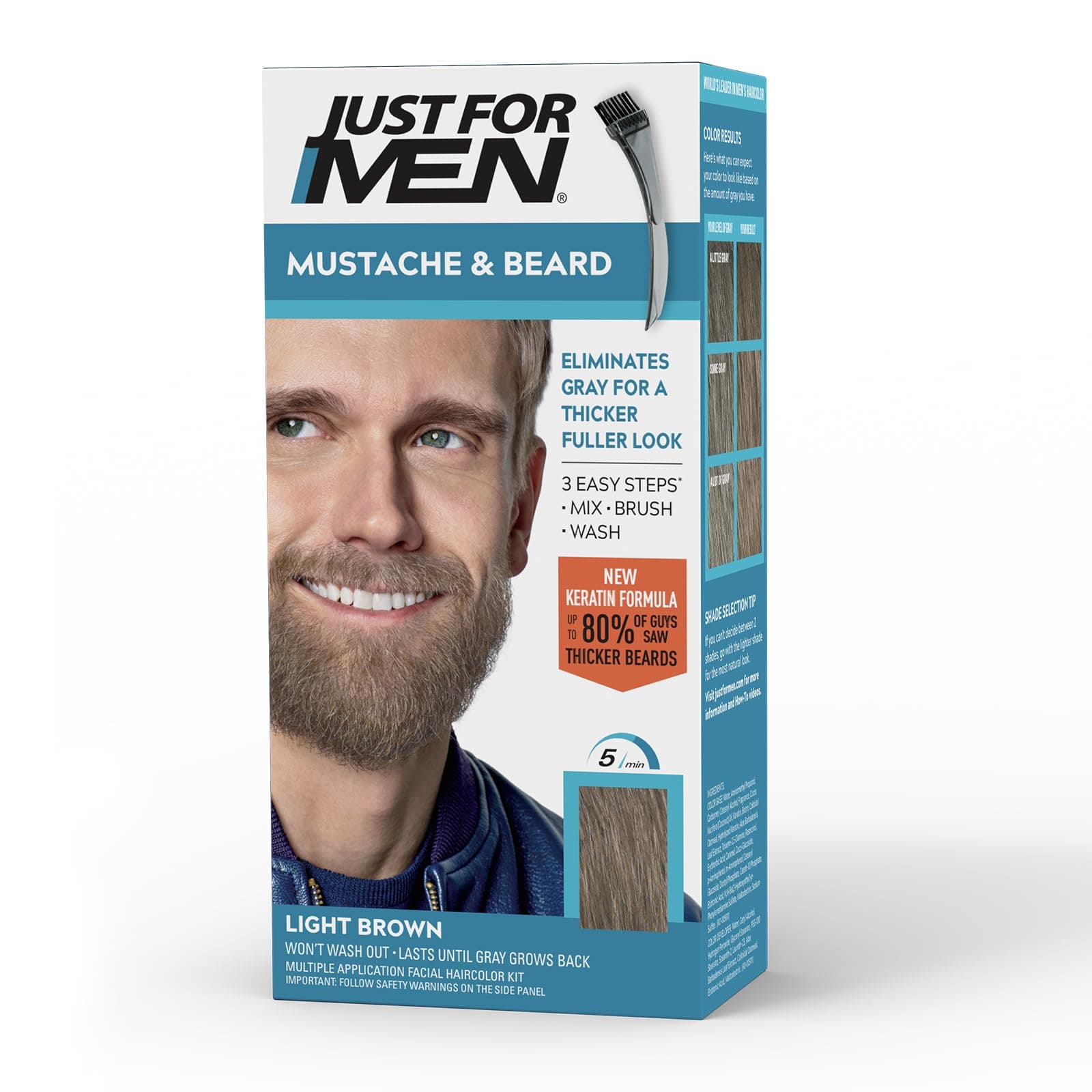 Just For Men Mustache & Beard, Beard Dye for Men with Brush Included for Easy Application, With Biotin Aloe and Coconut Oil for Healthy Facial Hair - Light Brown, M-25, Pack of 1