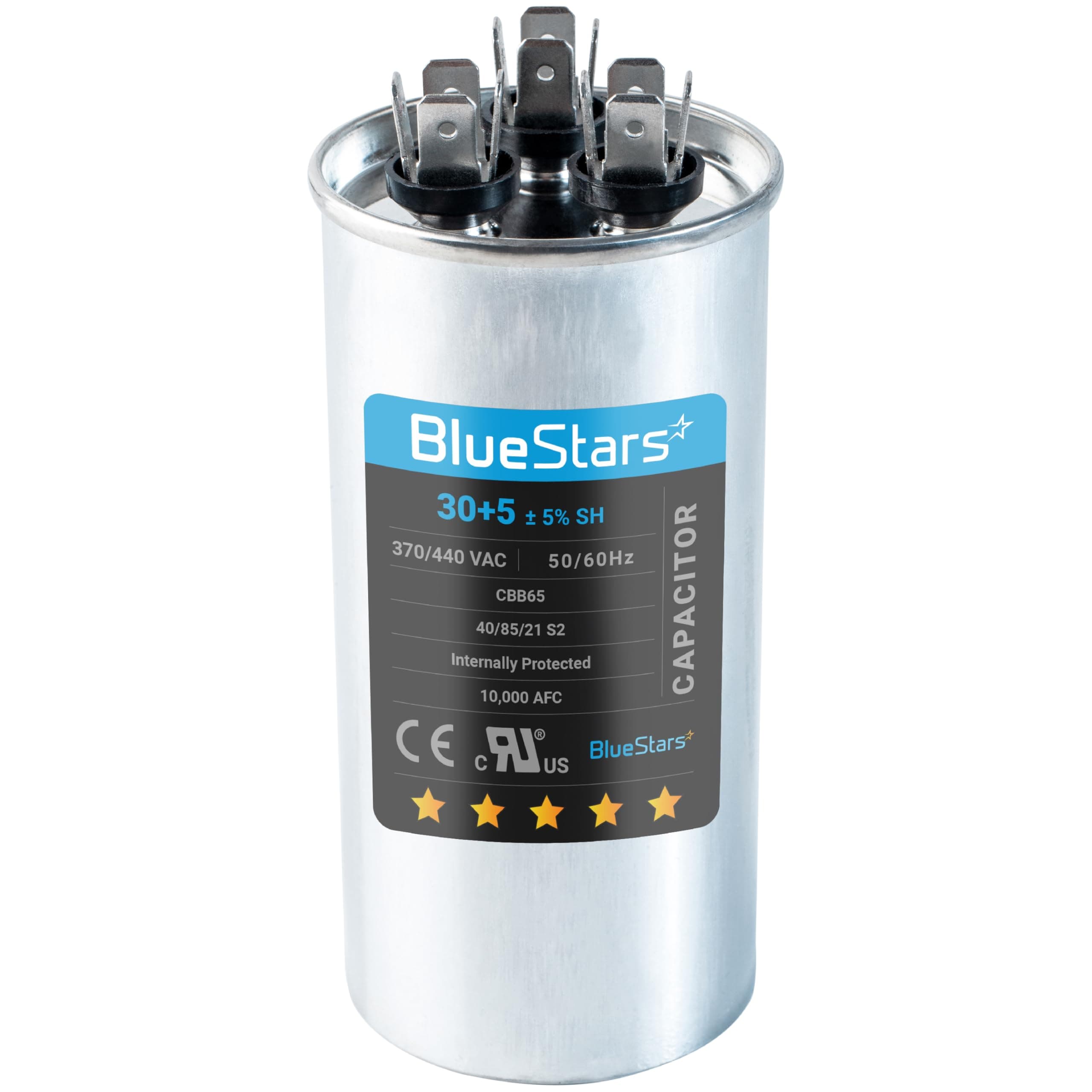 30+5 uf/MFD 370-440 VAC Volts Round Dual Run Capacitor Replacement Part by Blue Stars - Exact Fit for Condenser Straight Cool or Heat Pump Air Conditioner - Replaces TRCFD305 97F9833 27L877