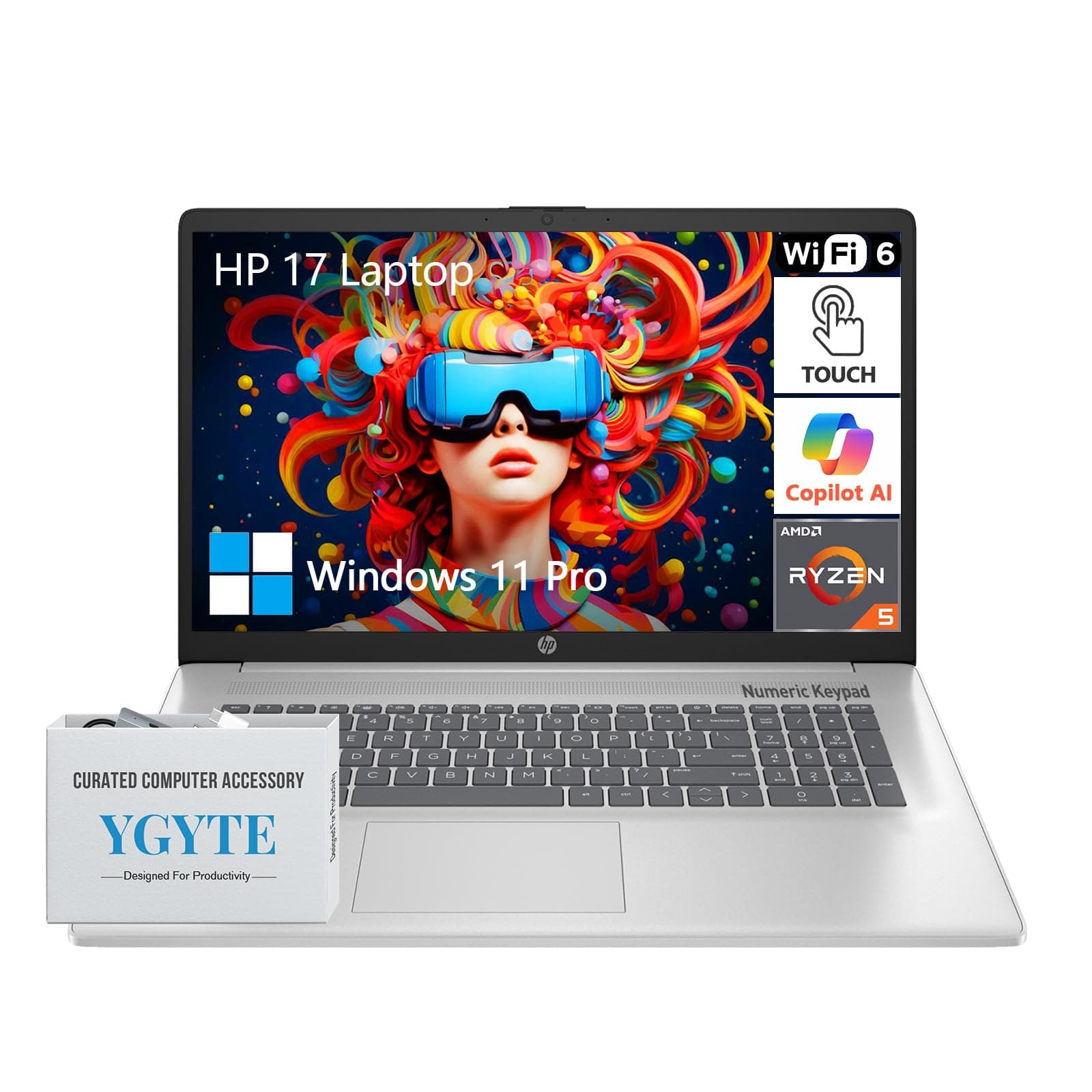 HP 17.3" Touchscreen Laptop PC Computer, 17 Inch HD+ Touch Screen Business Laptop Notebook, Windows 11 Pro, AMD Ryzen 5, 64GB RAM 2TB SSD, 10-Key Number Pad