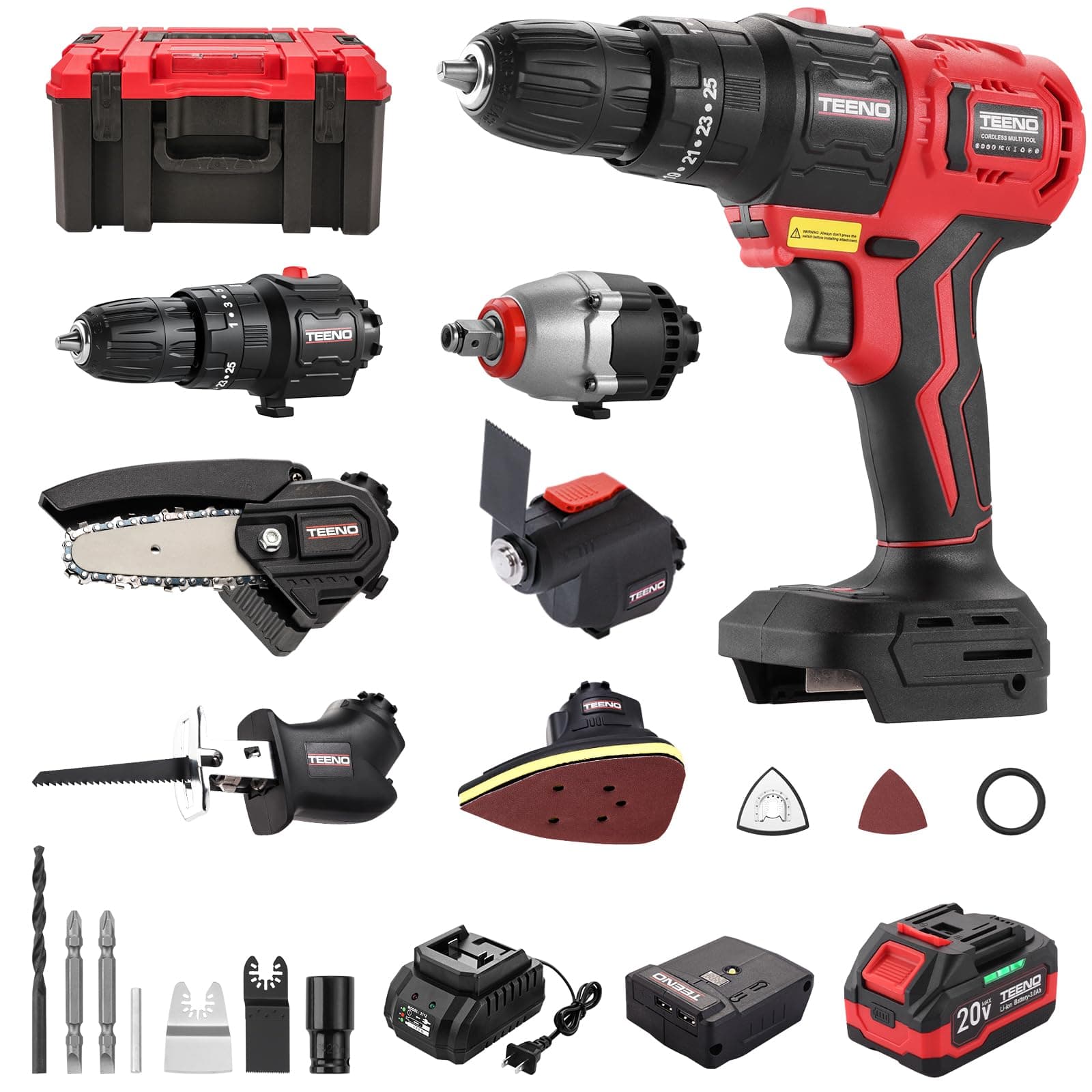 Brushless Power Tool Combo Kit, 6-in-1 Cordless Interchangeable Multi-Tool Set (Drill, Impact Wrench, Oscillating Tool, Reciprocating & Chain Saws, Sander), 3Ah Battery, USB Adapter & Hard Case