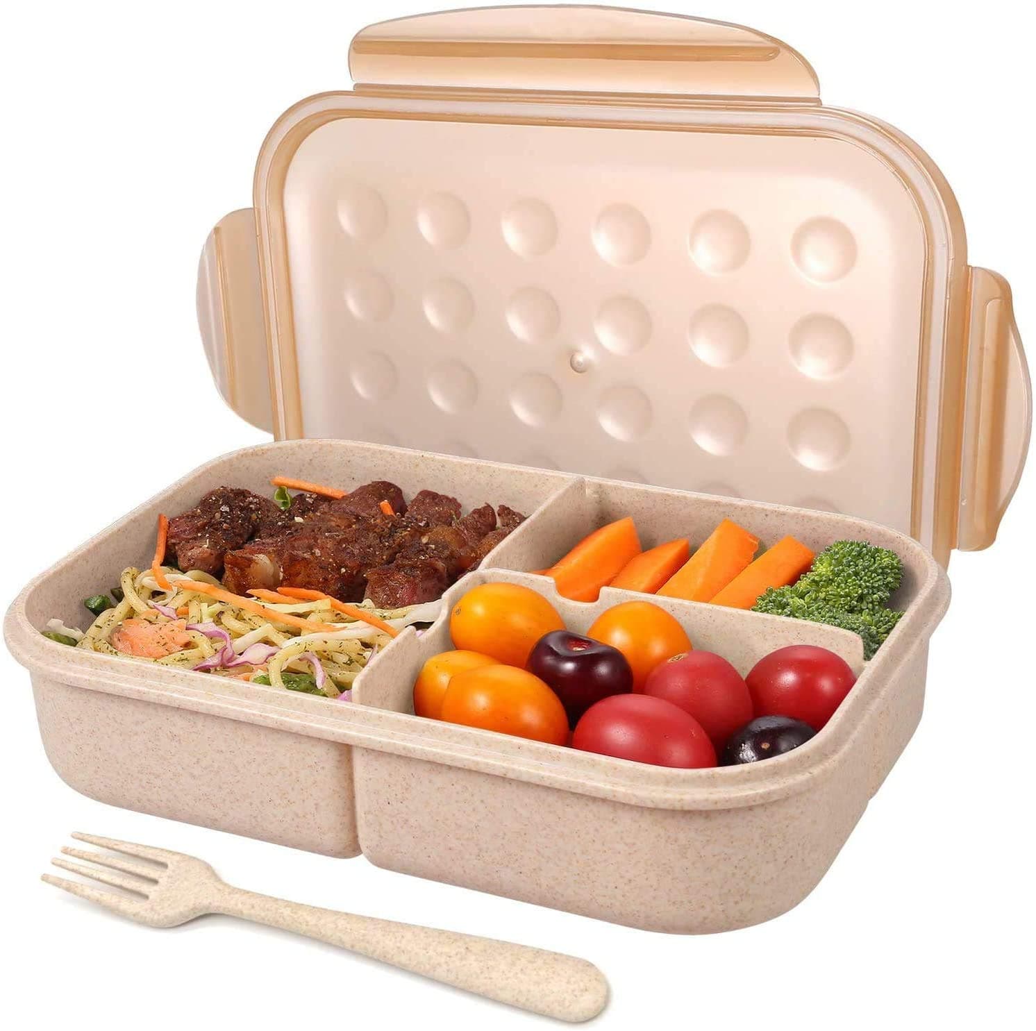 Bento Box for Adults Lunch Containers for Kids 3 Compartment Lunch Box Food Containers Leak Proof(Includes Flatware) (Champagne)