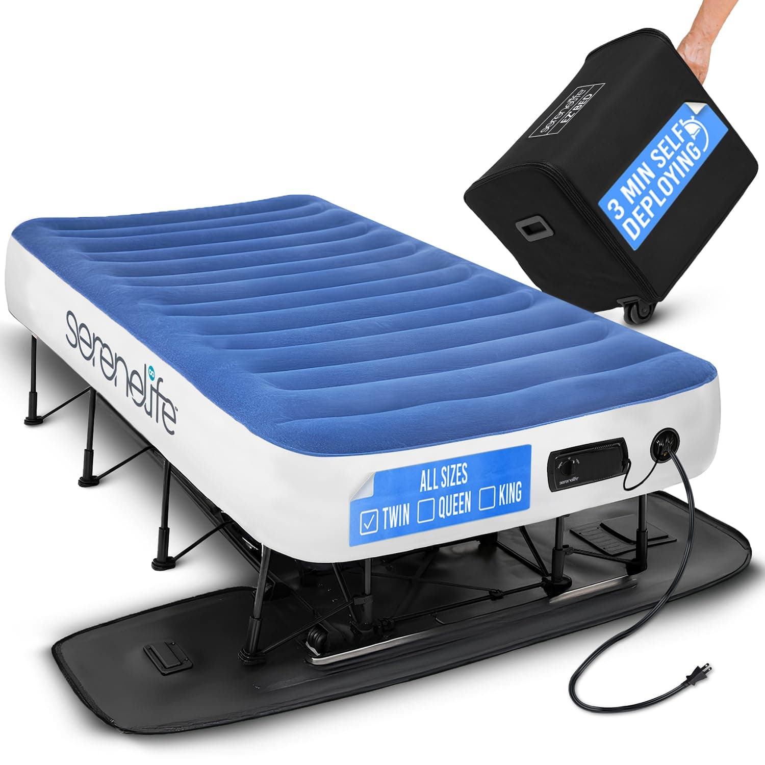 SereneLife EZ Bed Air Mattress with Frame and Rolling Case, Self-Inflating Airbed with Built in Pump for Travel and Hosting, Twin