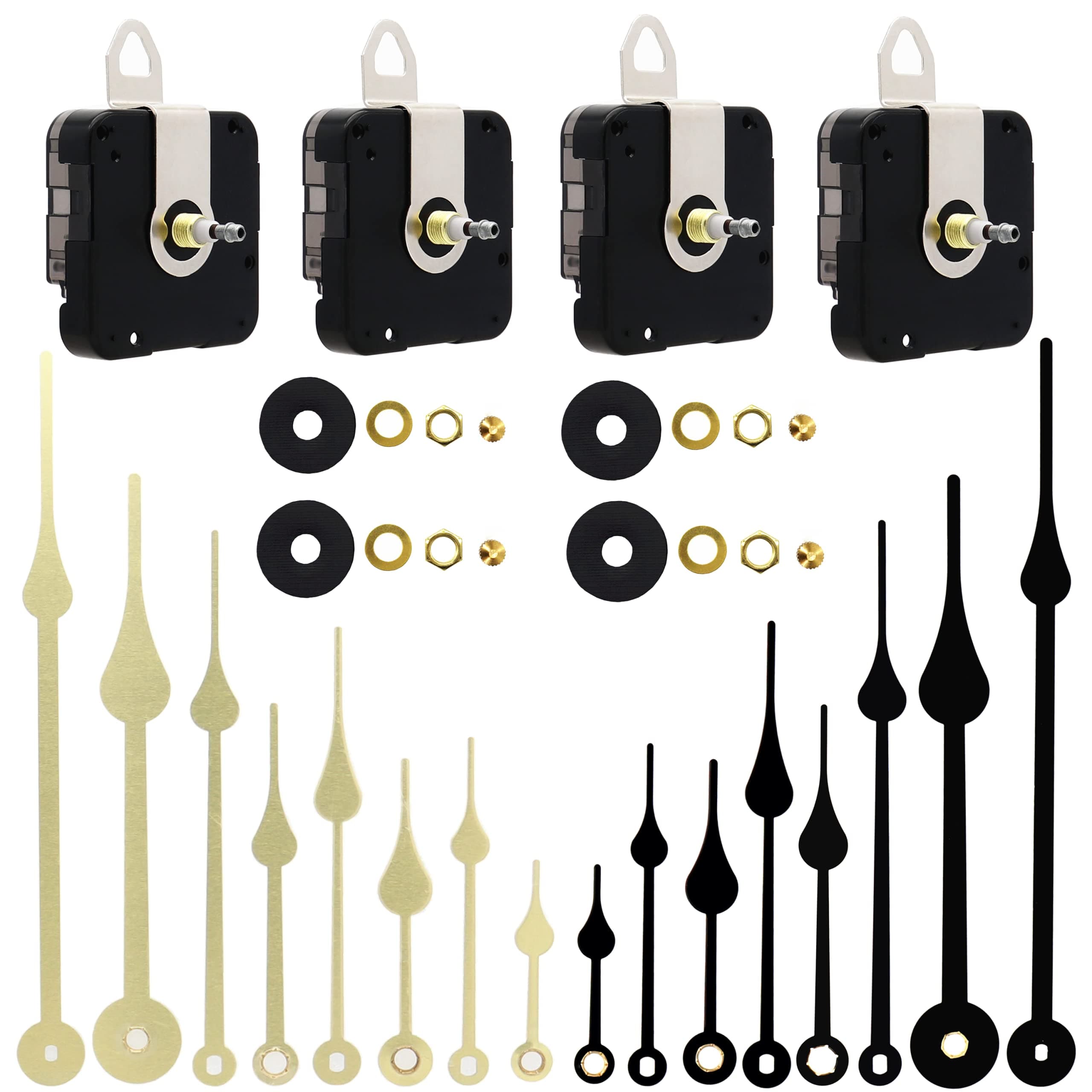 TIKROUND Youngtown 4 Pieces Thread Length 13/64 inch Quartz DIY Wall Clock Movement Mechanism High Torque Long Shaft Clock Movement Replacement with 8 Different Pairs of Hands.