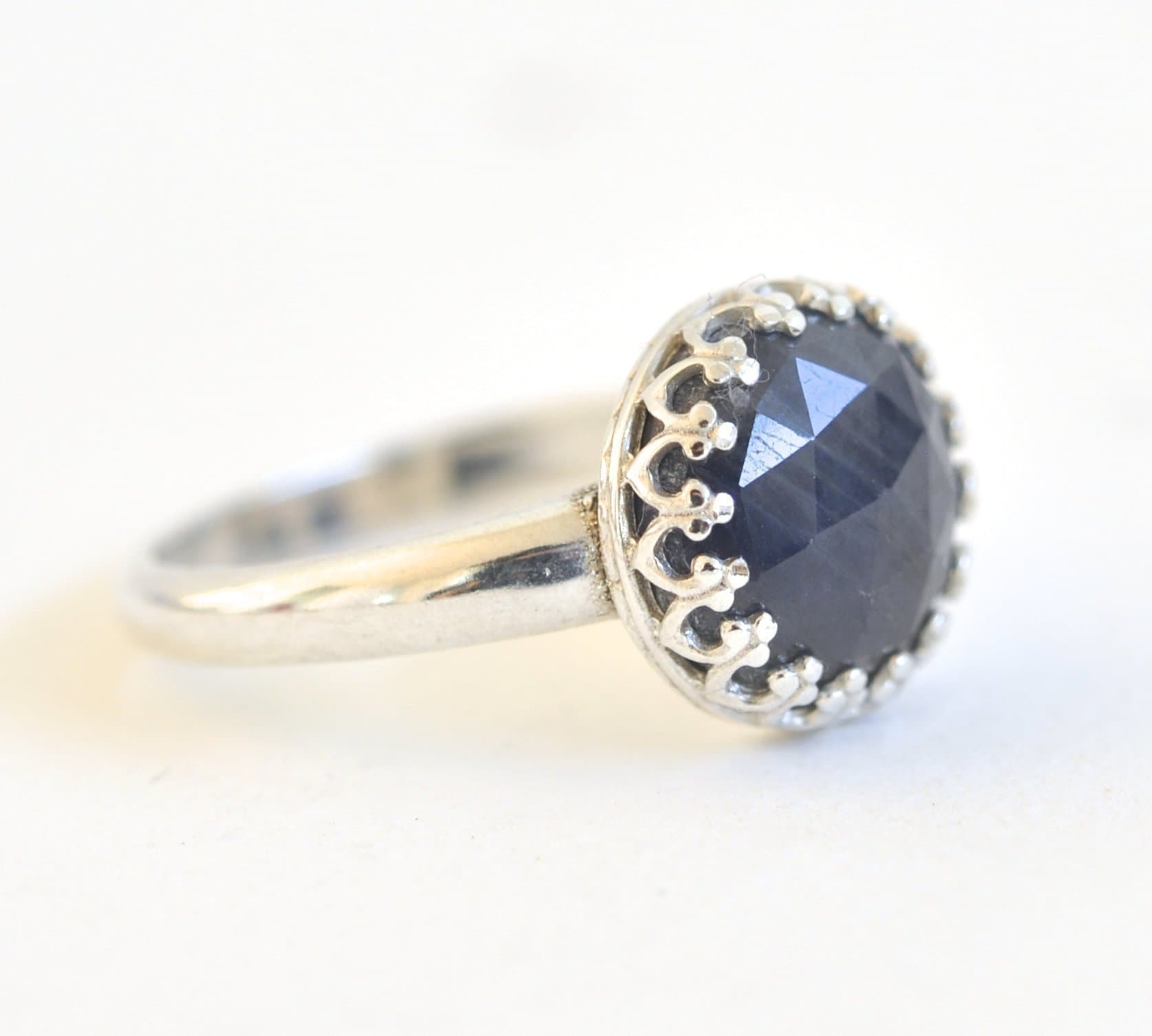 10mm Blue Sapphire and Argentium Sterling Silver Ring - Dainty Crown Bezel Cocktail Ring
