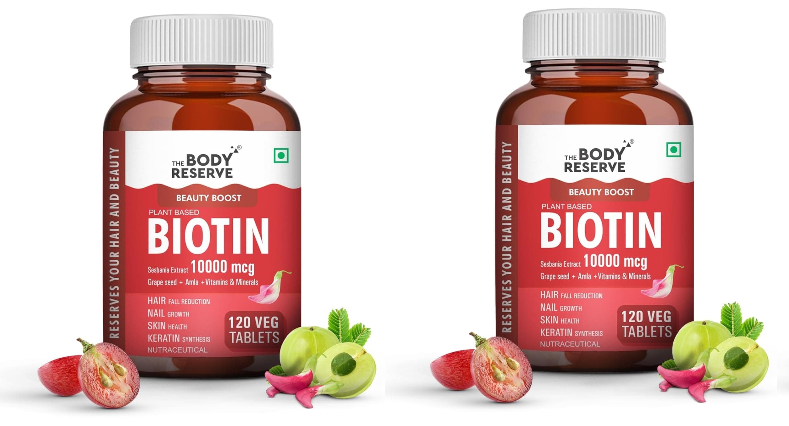 The Body Reserve Plant Based Biotin Tablets -120 Veg Tablets, Biotin from Sesbania with Amla, Grapeseed & Hair Multivitamins, Hair Growth, Strong Hair, Glowing Skin, Nails For Men Women, Pack of 2