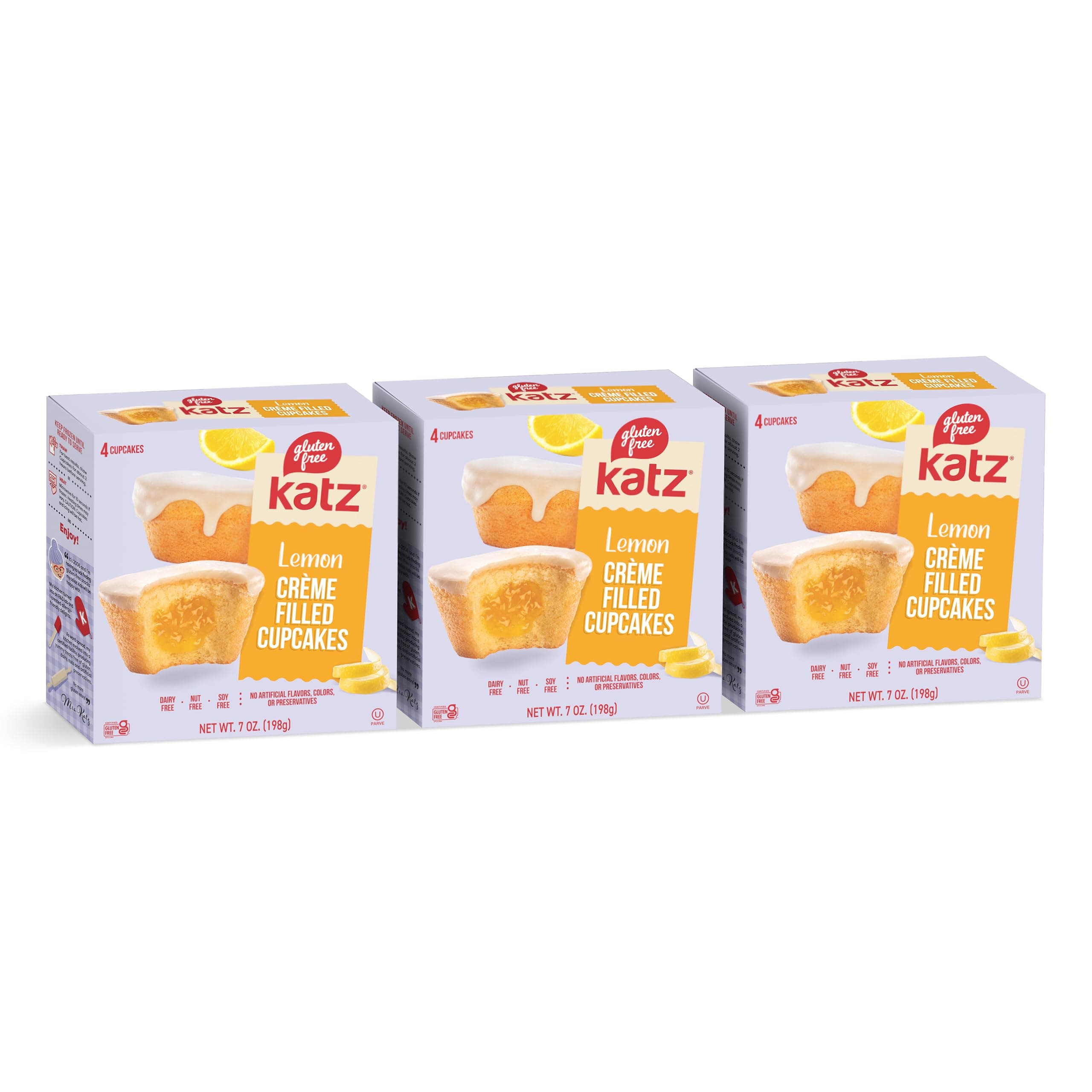 Katz Gluten Free Lemon Creme Filled Cupcakes. Free of Dairy, Peanuts, Tree Nuts, and Sesame. KosherS nack, 7oz (3Pk)