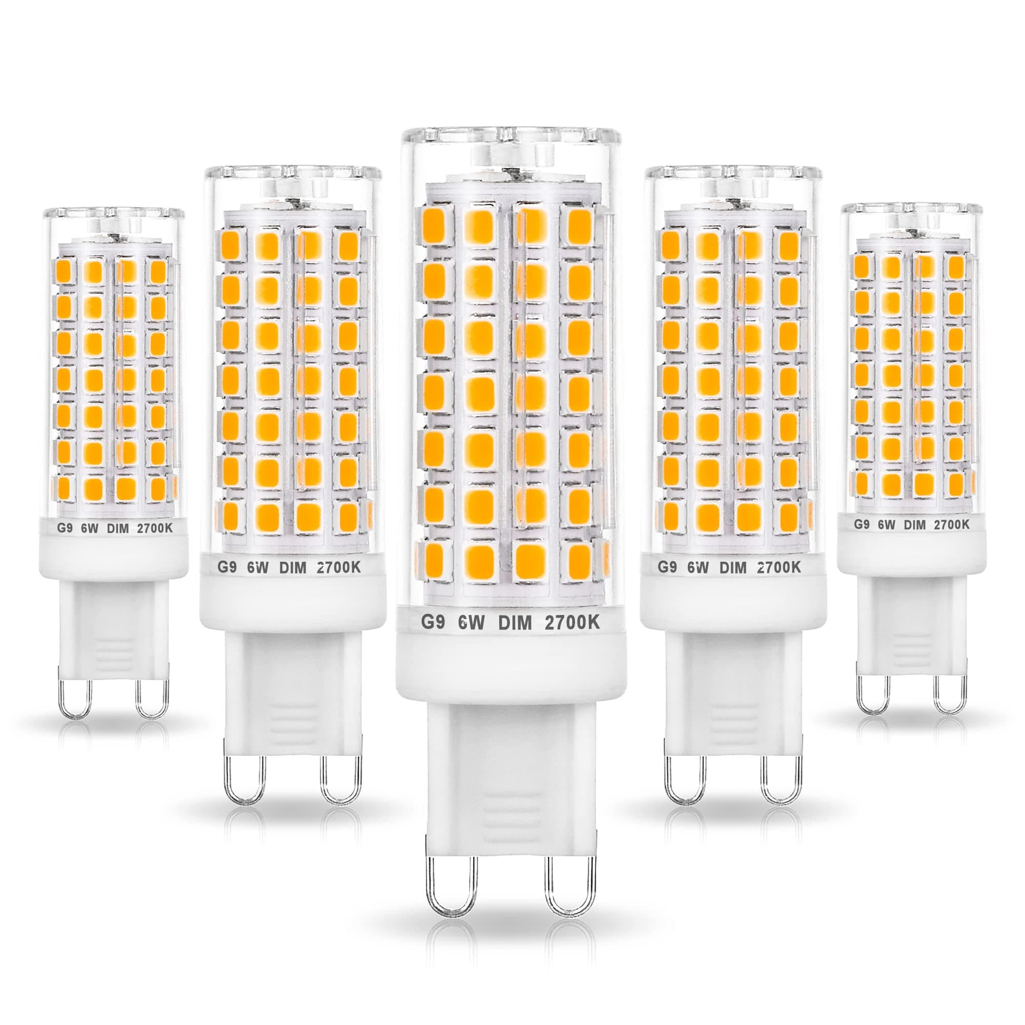No Flicker G9 Led Bulbs Dimmable 6W Soft Warm White 2700K,40W 50W 60W Halogen Equivalent,AC120V Dimmable G9 T4 LED Bulb for Chandelier Pendant Ceiling Wall Light,600LM,360Deg(5Pack)