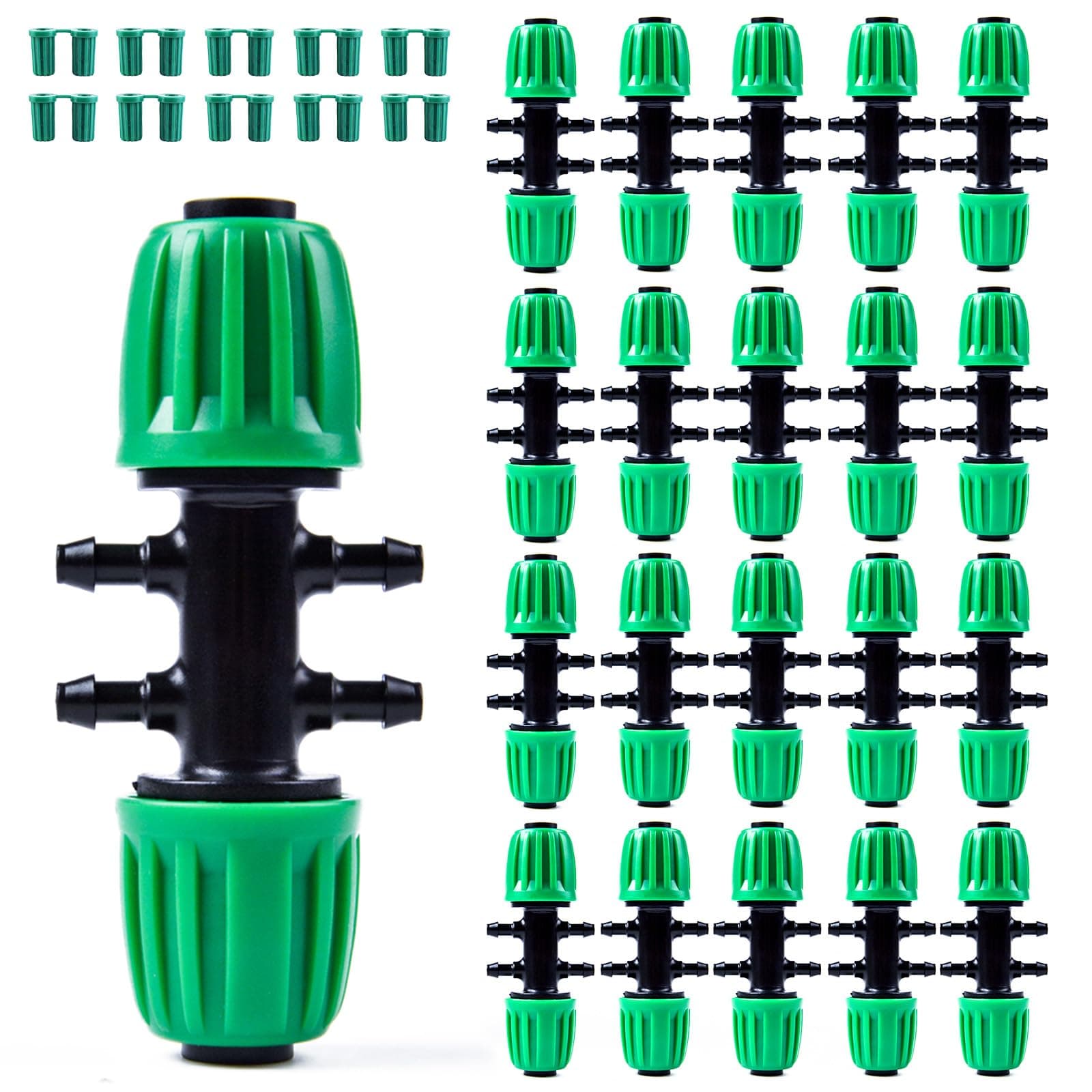 Kalolary 20PCS Barbed Tee 1/2" to 1/4" Drip Irrigation Fittings, Anti-Drop Barbed Hose Parts Connectors for 12mm/16mm to 4mm/7mm Drip Systems 6 Way Adapter(Green)