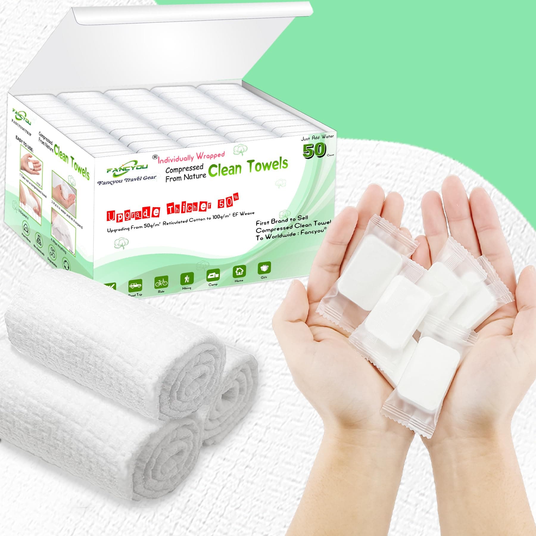 Large Compressed Disposable Face Towel, Thicken Washcloth Compact Portable Cotton Wipes Tablets, Facial Cleansing Cloths Towelettes for Travel Camping Hiking Outdoor Beauty Salon(50PCS White)