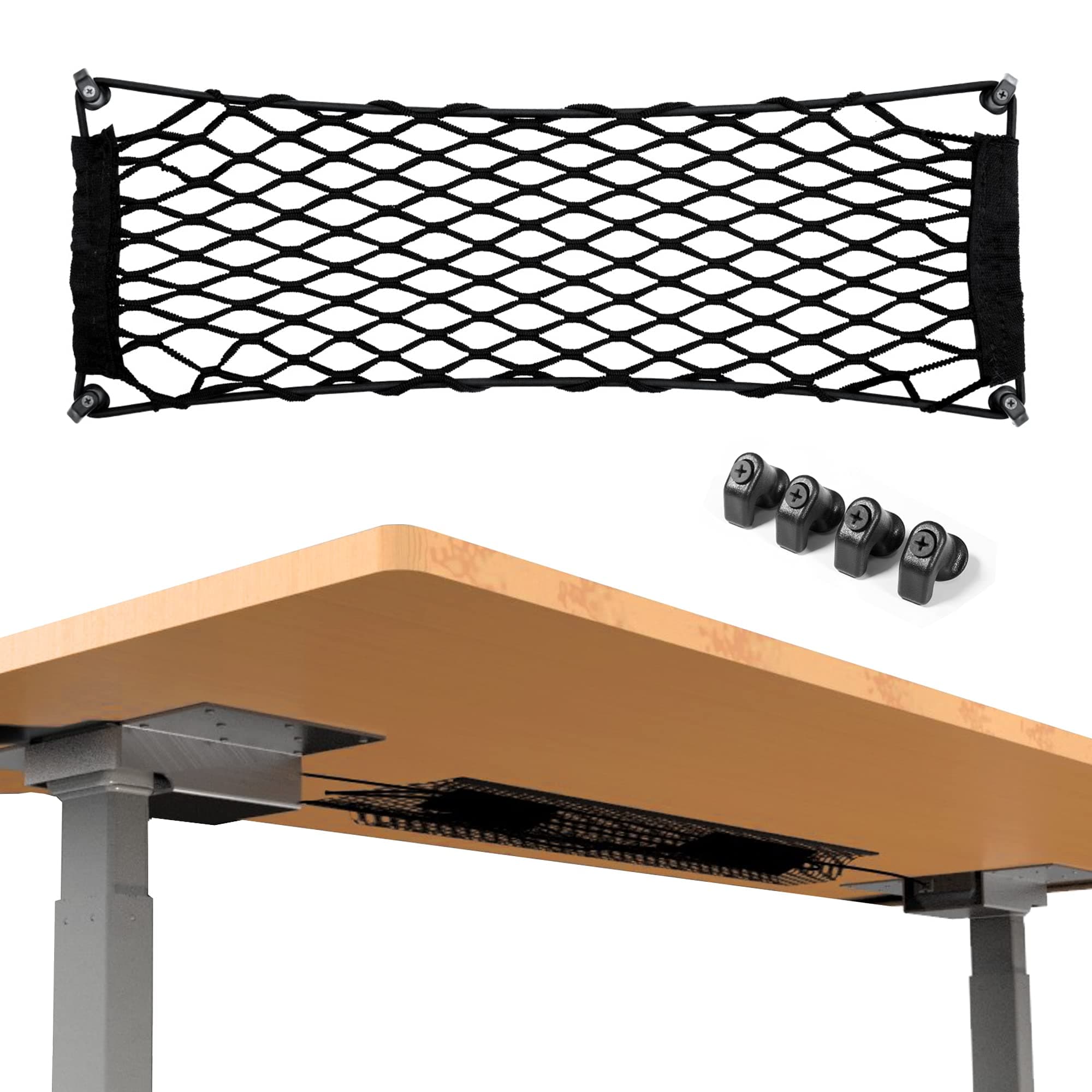 GRAND STANDS Stretch Net Cable Manager | Lightweight Cable Organizer Stretches 24” Long to 8” Wide | Accommodates Power Strips | Includes 4 Mounting Hooks w/Built-in Screws | Installs in Minutes