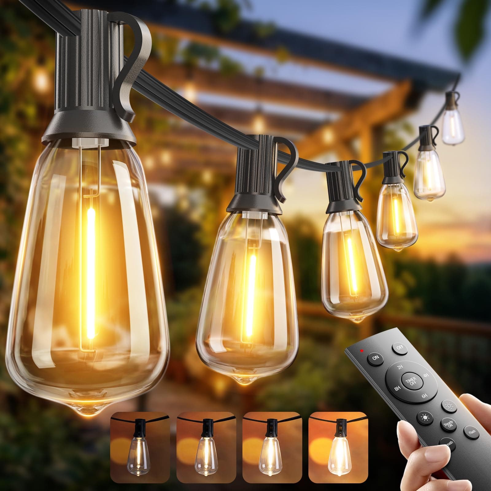 addlon 100FT LED Outdoor String Lights with Remote Waterproof Patio Lights with Shatterproof ST38 Replaceable Bulbs, Dimmable Outside Hanging Light Connectable for Porch, Backyard