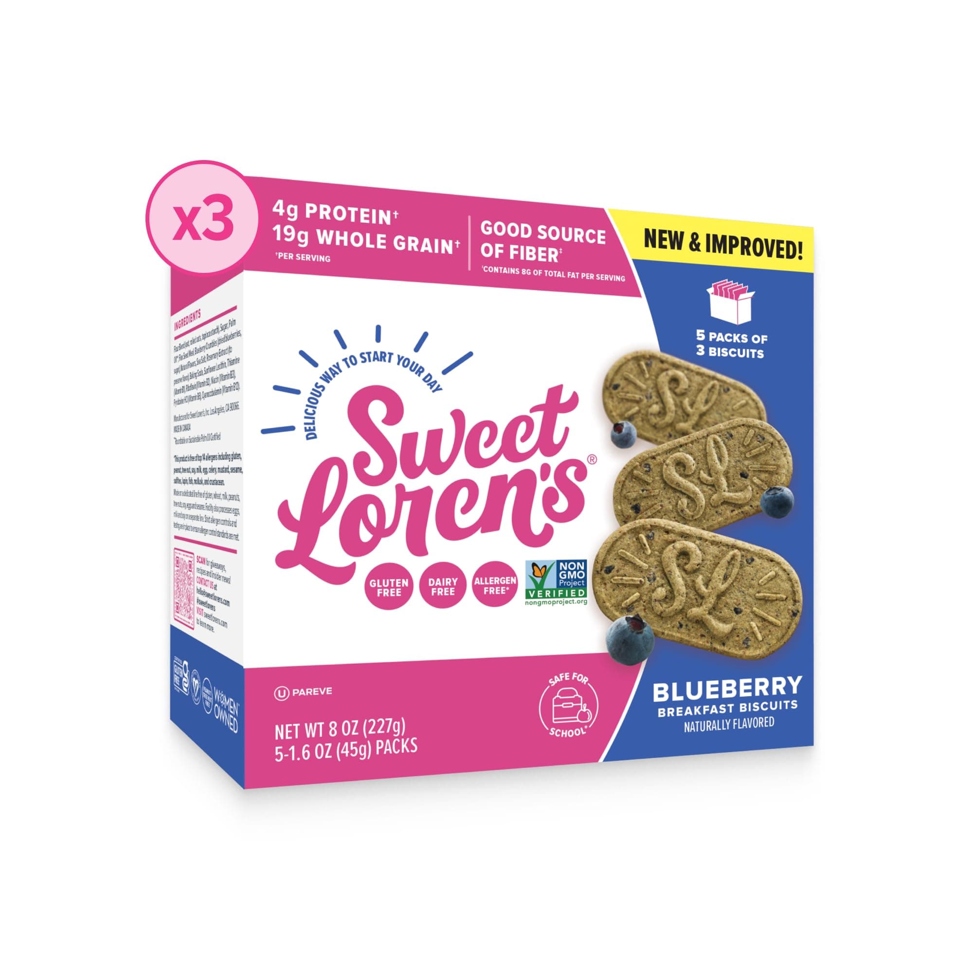 Sweet Loren's Vegan Breakfast Biscuits | Blueberry | 4g Protein, 19g Whole Grains | Plant Based, Gluten Free, Dairy Free, Nut Free Snacks | 3 Pack (15 Total Biscuits, 1.6 ounce each)