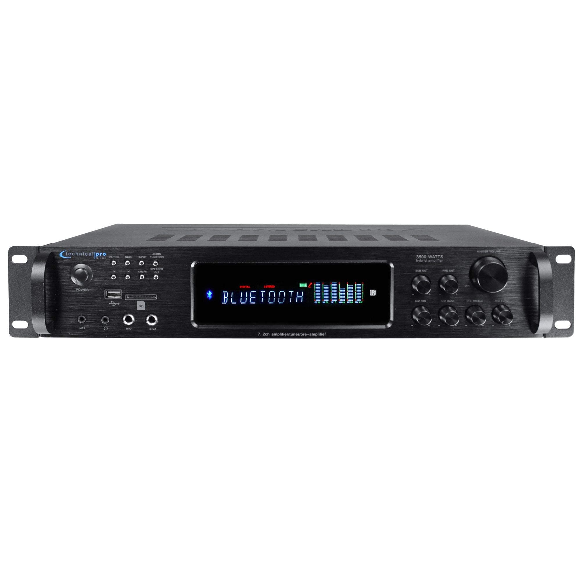 - Technical Pro 3500 Watts Digital Hybrid Amplifier, Preamp/Tuner with USB SD Card Inputs, FM Radio, Recorder, Bluetooth, & Remote Control