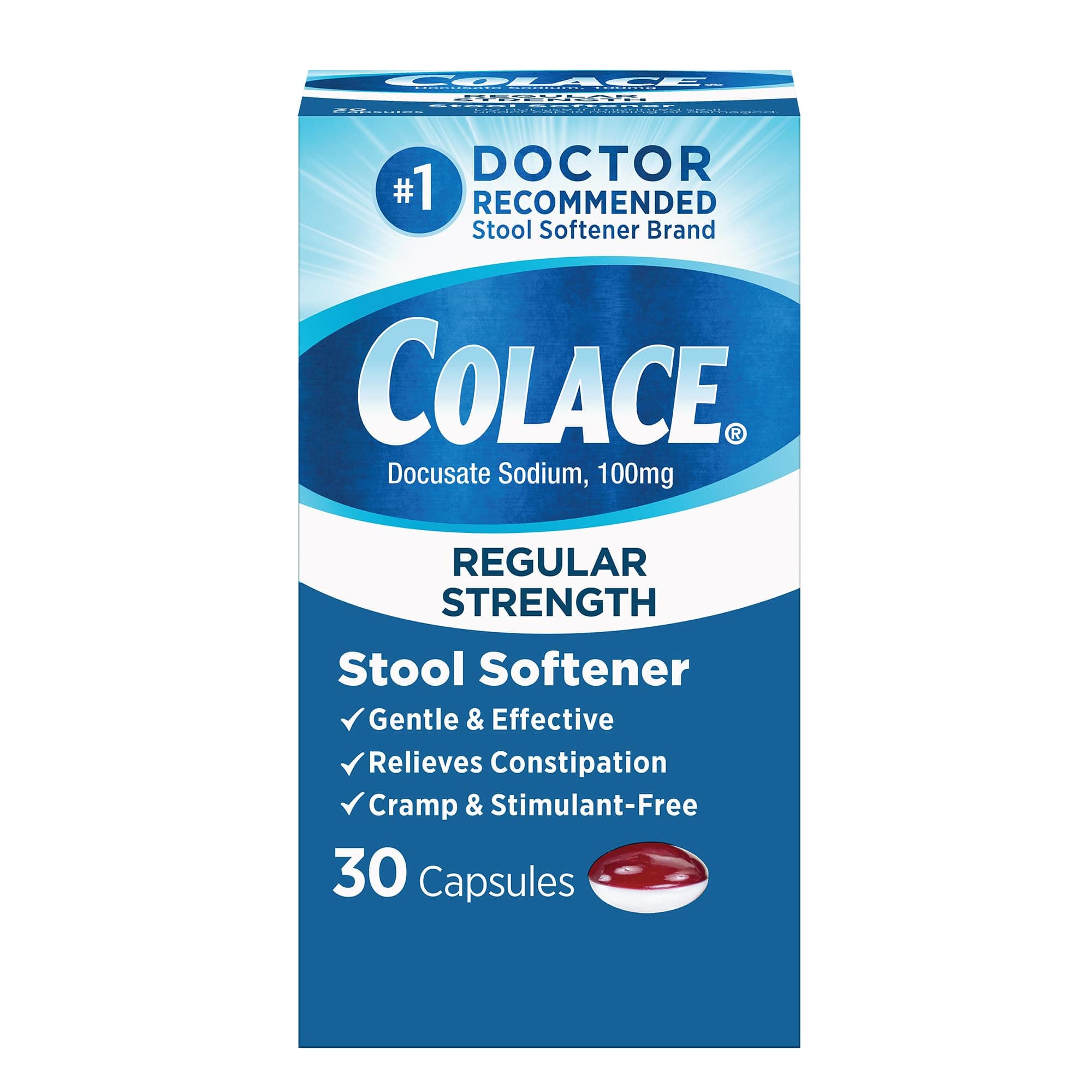 Colace Stool Softener 100 mg, 30 Capsules, Constipation Relief, Docusate Sodium, Gentle Docusate, Stimulant-Free, Regular Strength, #1 Doctor Recommended Stool Softener Brand