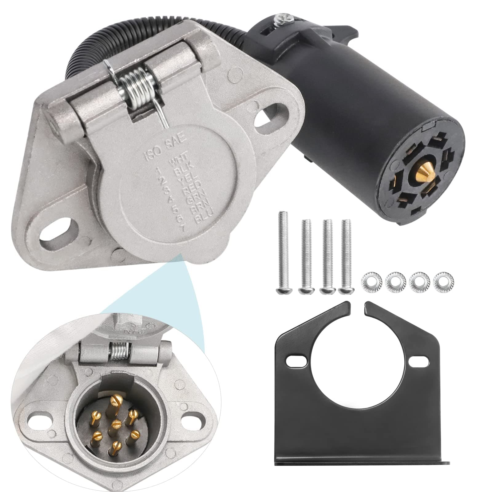 MECMO 7-Way RV Blade to 7 Way Round Pin Trailer Adapter Connector, Die-cast Zinc with Mounting Bracket, Trailer Adapter for Towing Commercial, Agricultural, Farm Trailers - Silver