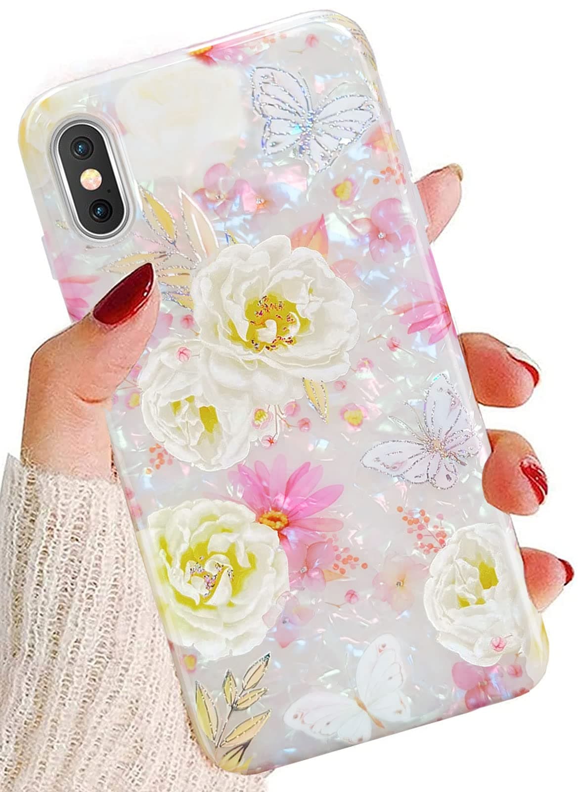J.westiPhone XS Case/iPhone X Case 5.8 inch,Luxury Sparkle Glitter Colorful Opal Pearly Thinfoil Design Shiny Butterfly Floral Print Soft Silicone Cover for Women Girls Slim TPU Protective Phone Case