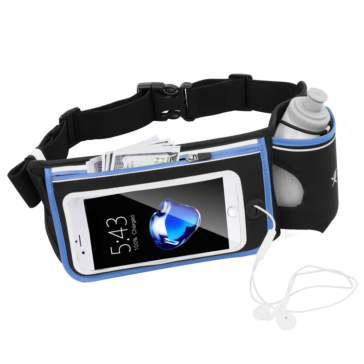 No Bounce Reflective Hydration Running Belt with BPA Water Bottles 280ml, Hydration Waist Pack, Sports Waist Bag Hiking Running Climbing, iPhone6, 6s Plus, Samsung GalaxyS6/5 Note 4/3/2 (Single Blue)