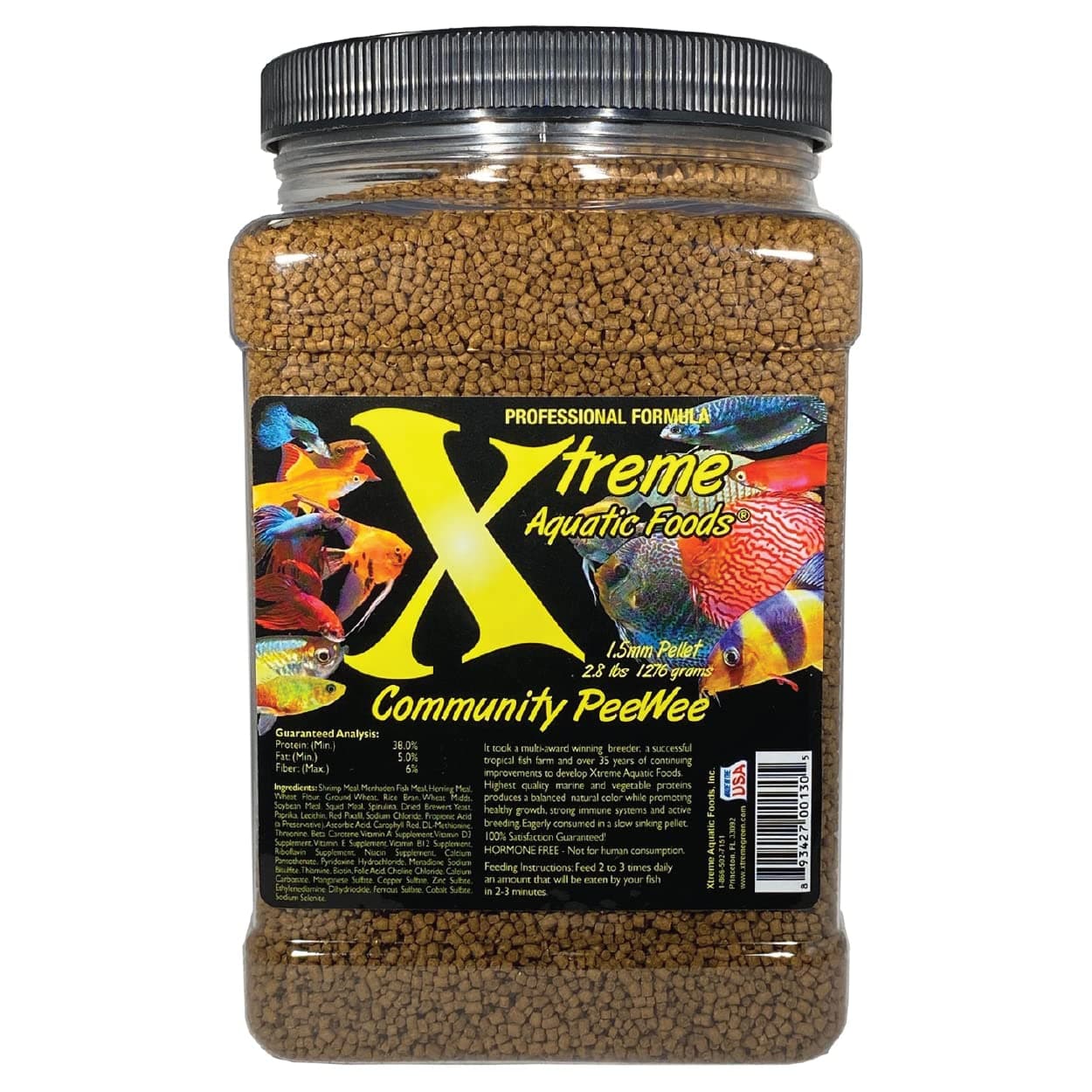 Xtreme Community Peewee 1.5mm Pellets: Slow Sinking & Ideal for Community Fish - Boosts Immune & Digestive Health, Enhances Color & Energy, Max Protein Fish Food – USA Farm Grown (38oz)