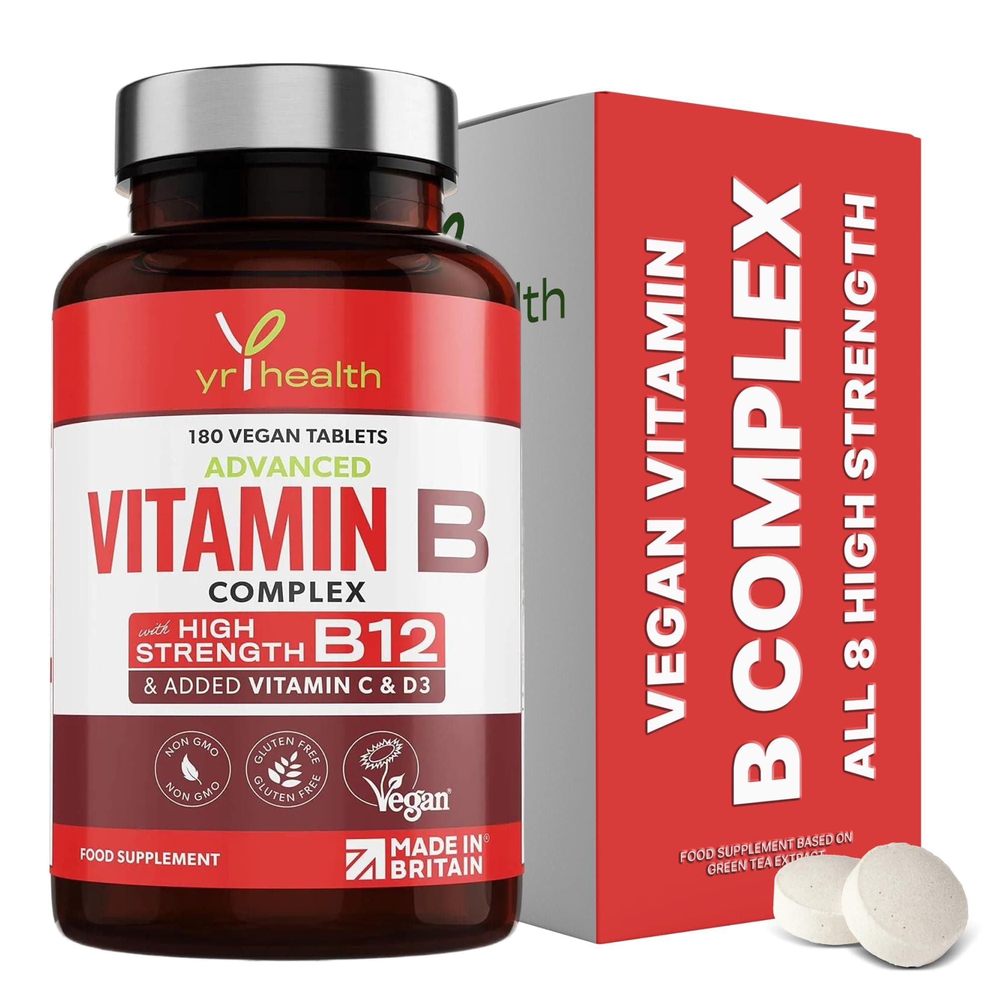 Vegan Vitamin B Complex Advanced - All 8 High Strength B Vitamins & Added Vitamin C, D3 & K2 Mk7, Vitamins B1, B2, B3, B5, B6, B12, Biotin & Folic Acid - 180 Tablets - Made in The UK by YrHealth