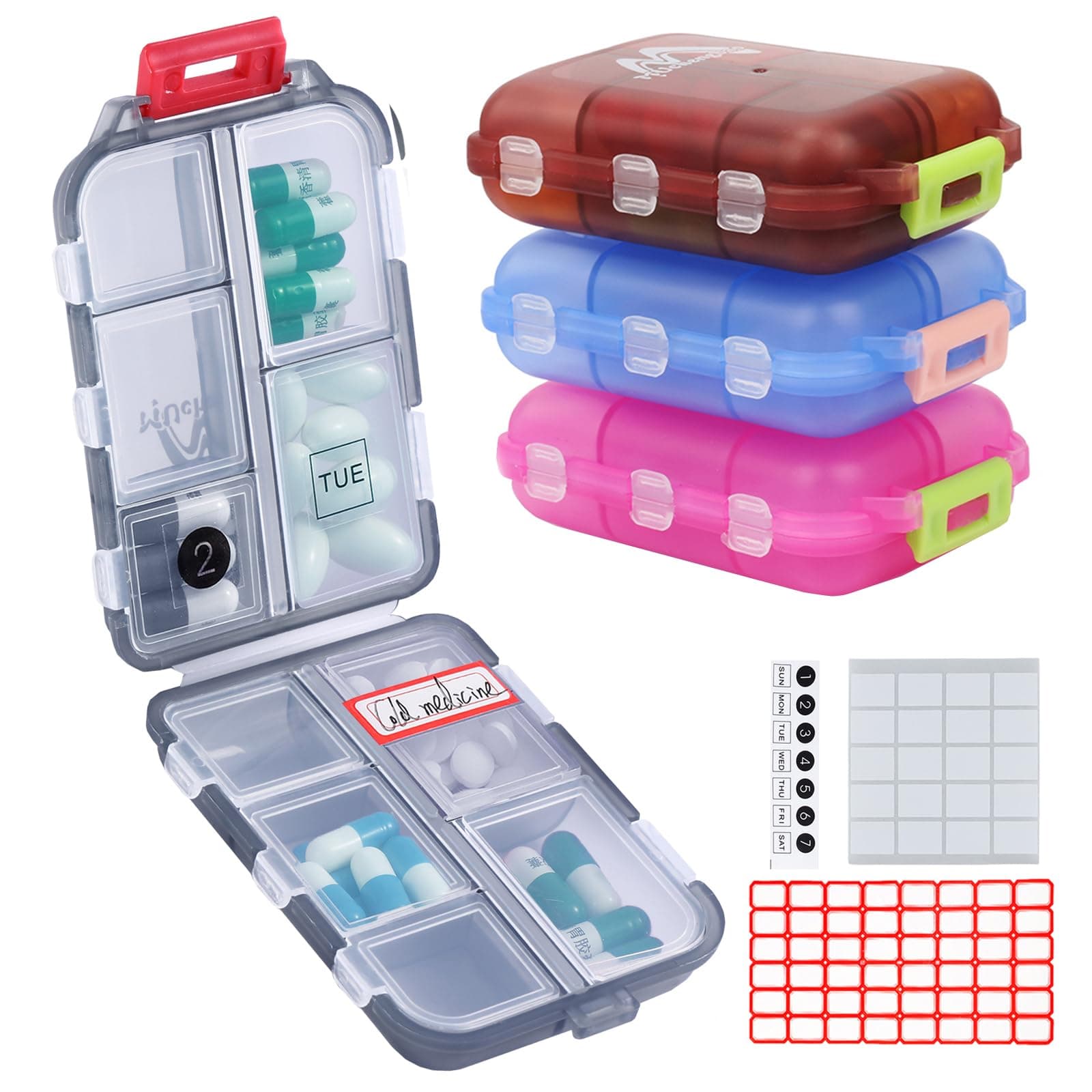 4PS Travel Pill Organizer with 164 Slice Labels,10 Compartments Travel Pill Box Portable Folding Small Pill Case Daily Pill Container Used for Carry Storage Medicine Organizer By M MUchengbao