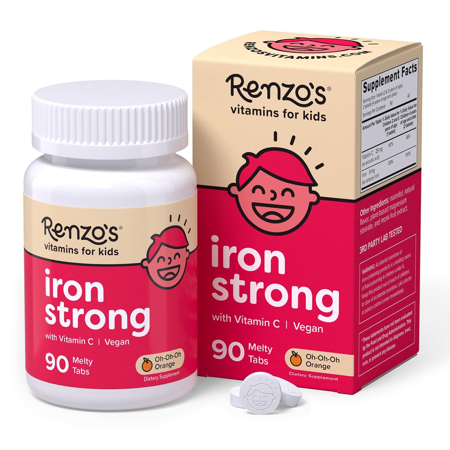 Renzos Iron Strong, Dissolvable Vitamins for Kids, Vegan, Zero Sugar, Oh-Oh-Oh Orange Flavor, 90 Melty Tabs, Elemental Iron Supplement for Children