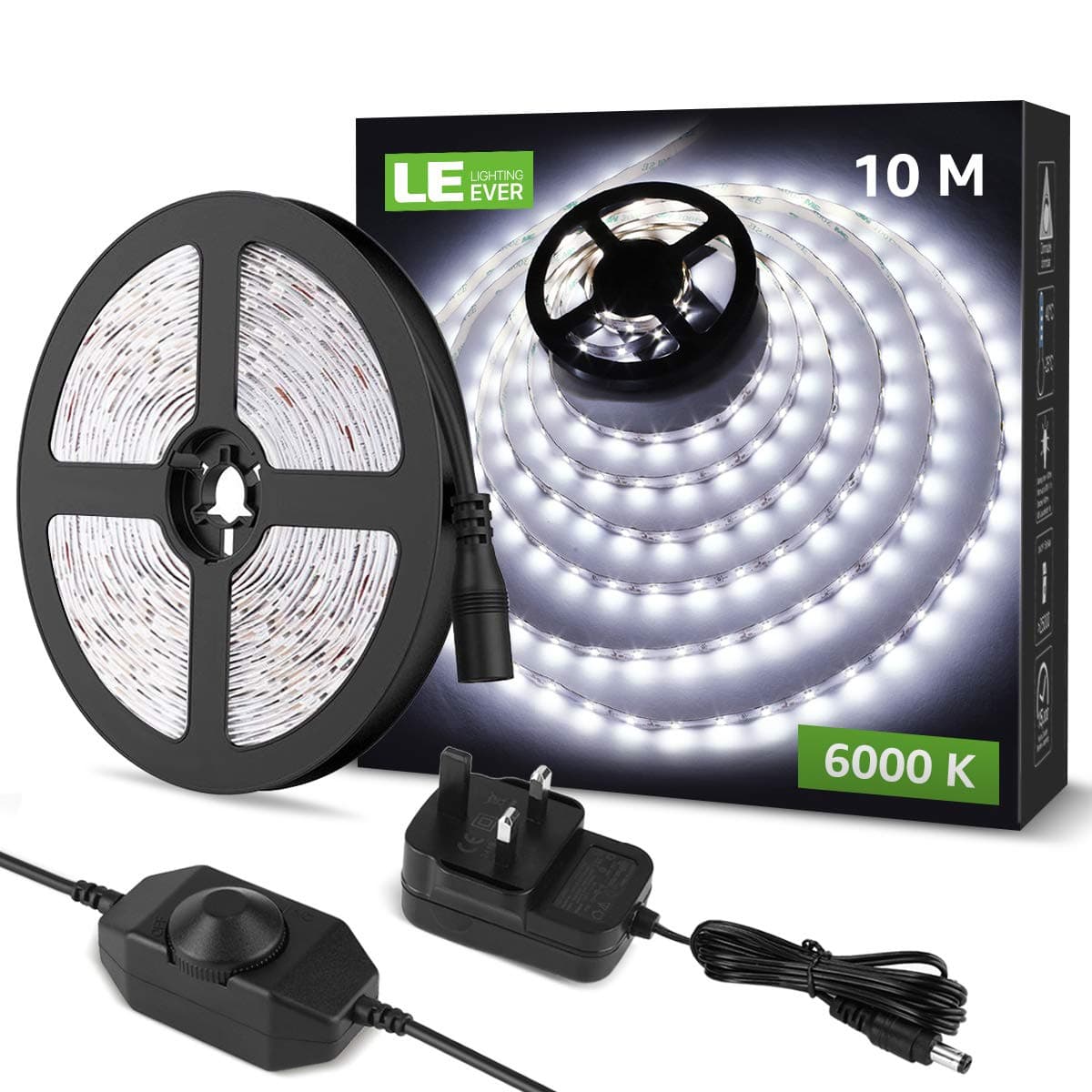 Lighting EVER LED Strip Lights 10M, Dimmable, Daylight White 6000K, Plug and Play, Bright 1800lm LED Tape Light for Kitchen, Living Room, Stairs and More, 24V Power Supply and Dimmer Switch Included